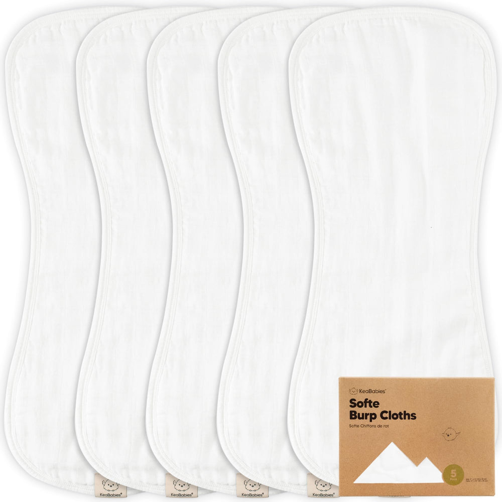 KeaBabies 5-pack burp cloths laid out for easy shoulder coverage during feeds.