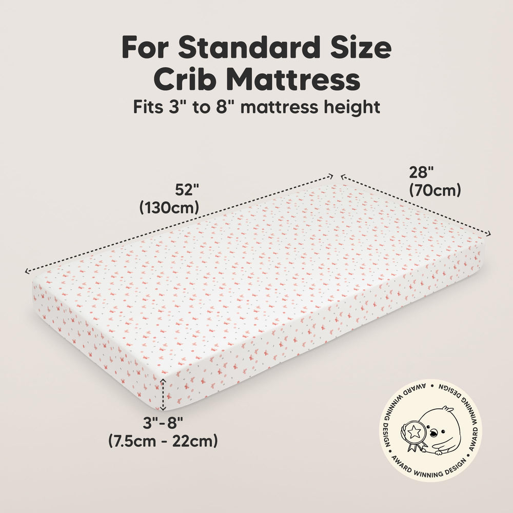 KeaBabies 52x28 crib mattress sheet laid flat for quick fitting.