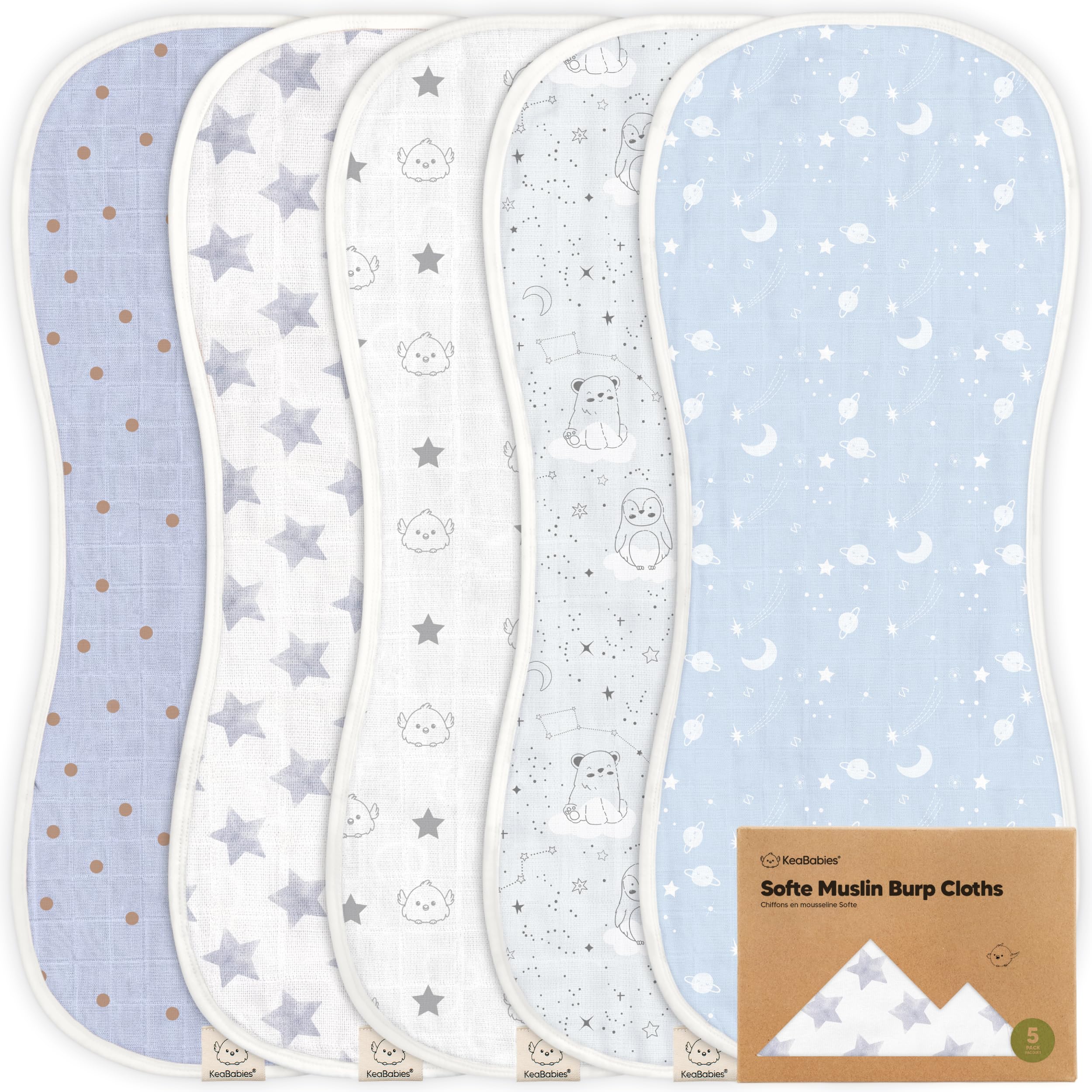 KeaBabies 5-pack muslin burp cloths constellation pack, soft against baby skin.
