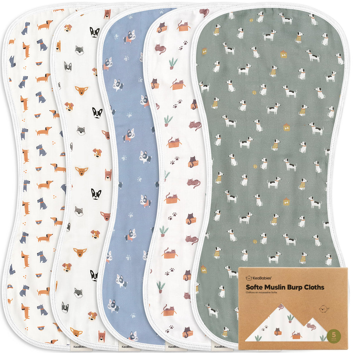 KeaBabies 5-pack muslin burp cloths show a soft touch for gentle burping and mess protection.
