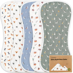 KeaBabies 5-pack muslin burp cloths show a soft touch for gentle burping and mess protection.