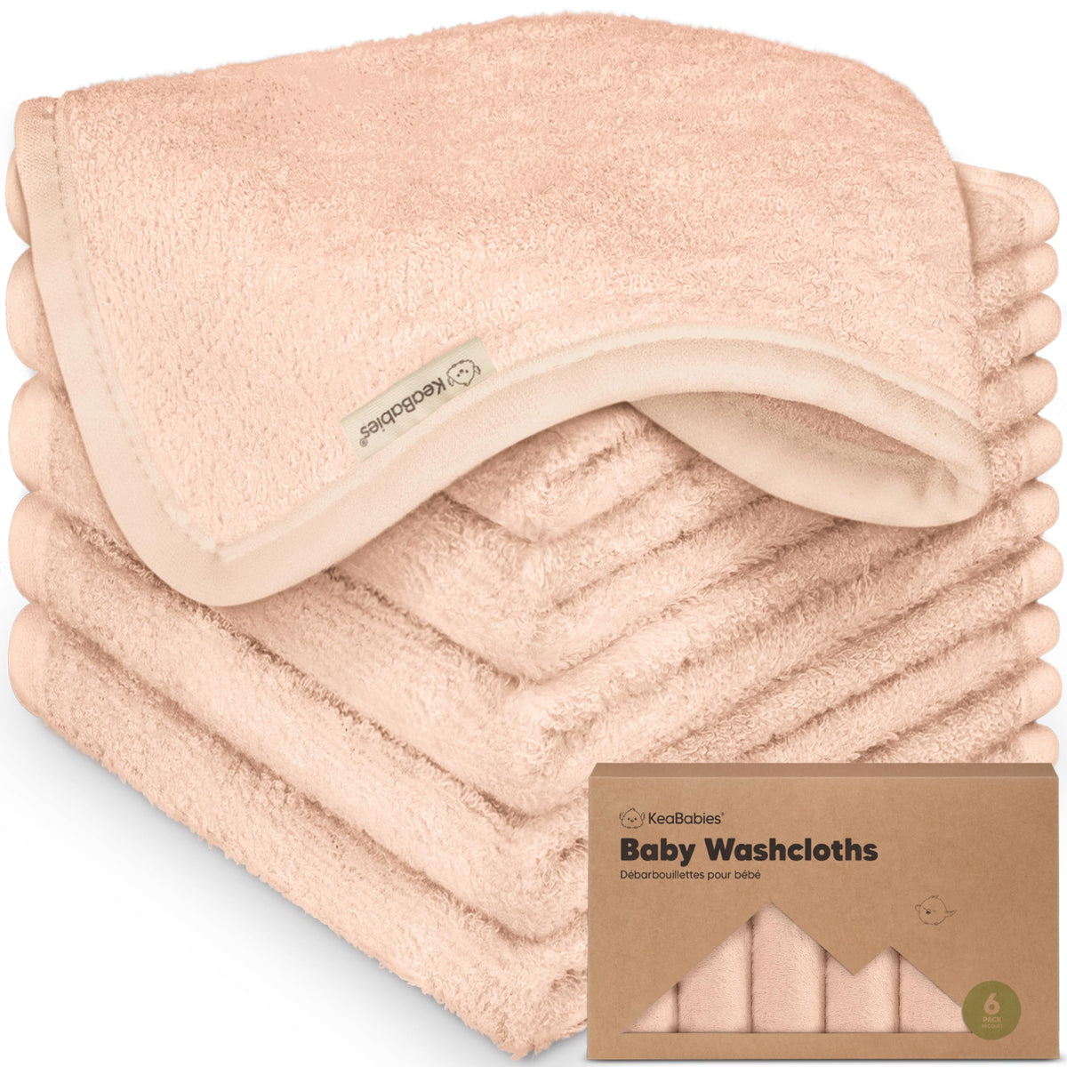 KeaBabies 6-pack washcloths in peachy color for gentle bath time.