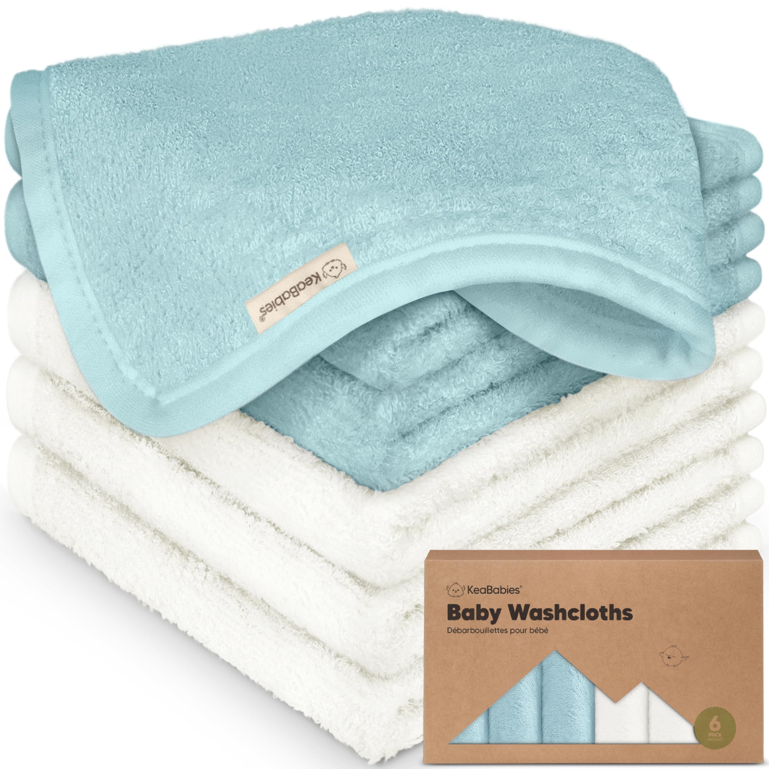 KeaBabies 6-pack washcloths pack image shows soft bamboo fabric for baby baths.