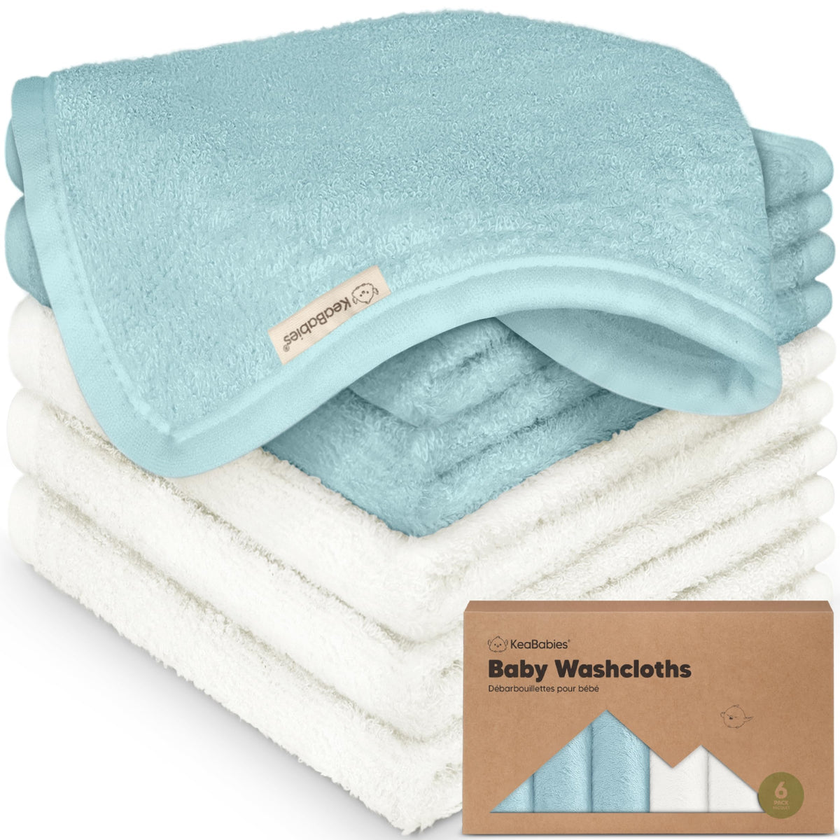 KeaBabies 6-pack washcloths pack image shows soft bamboo fabric for baby baths.