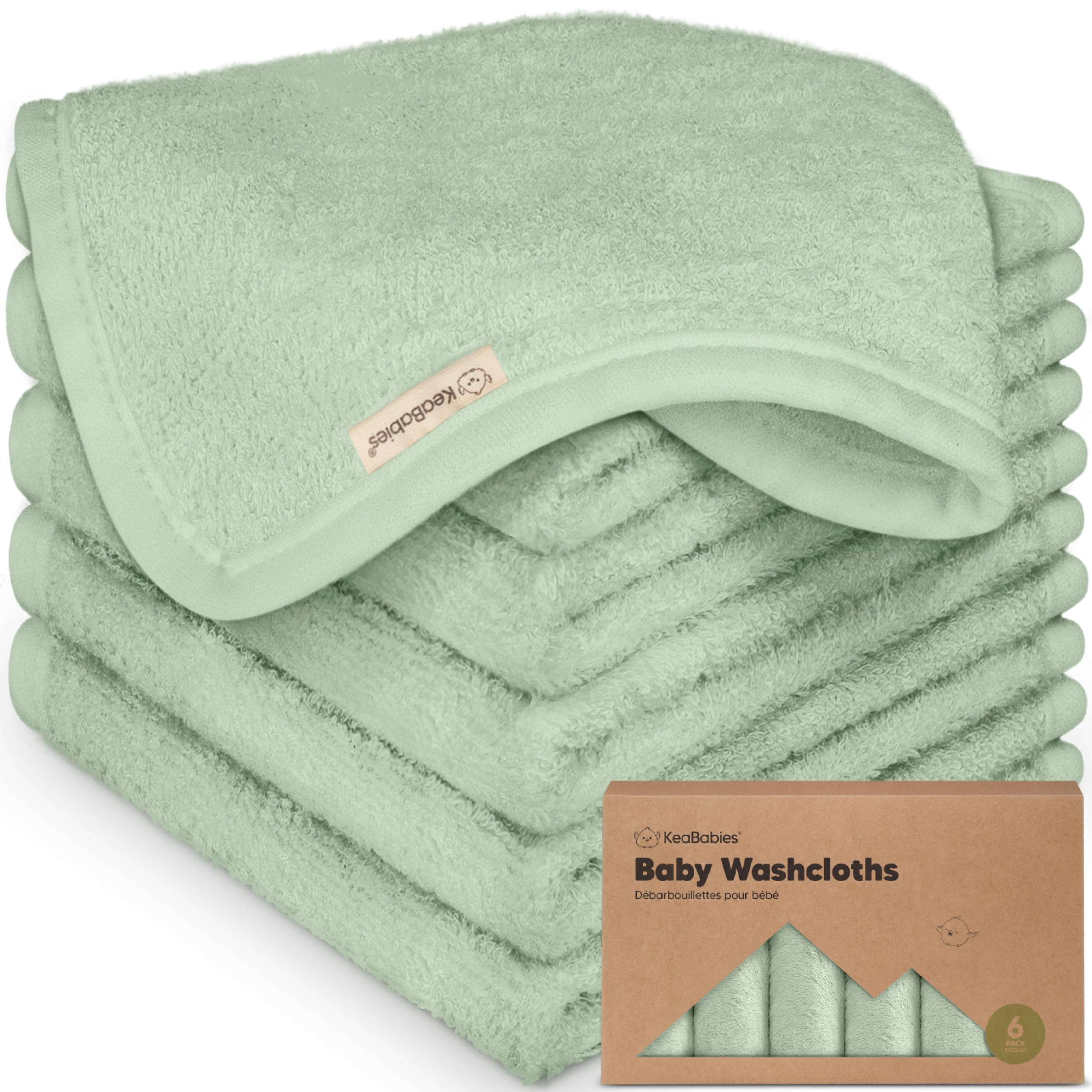 KeaBabies 6-pack washcloths pistachio stack highlights soft, absorbent fabric for gentle baby baths.