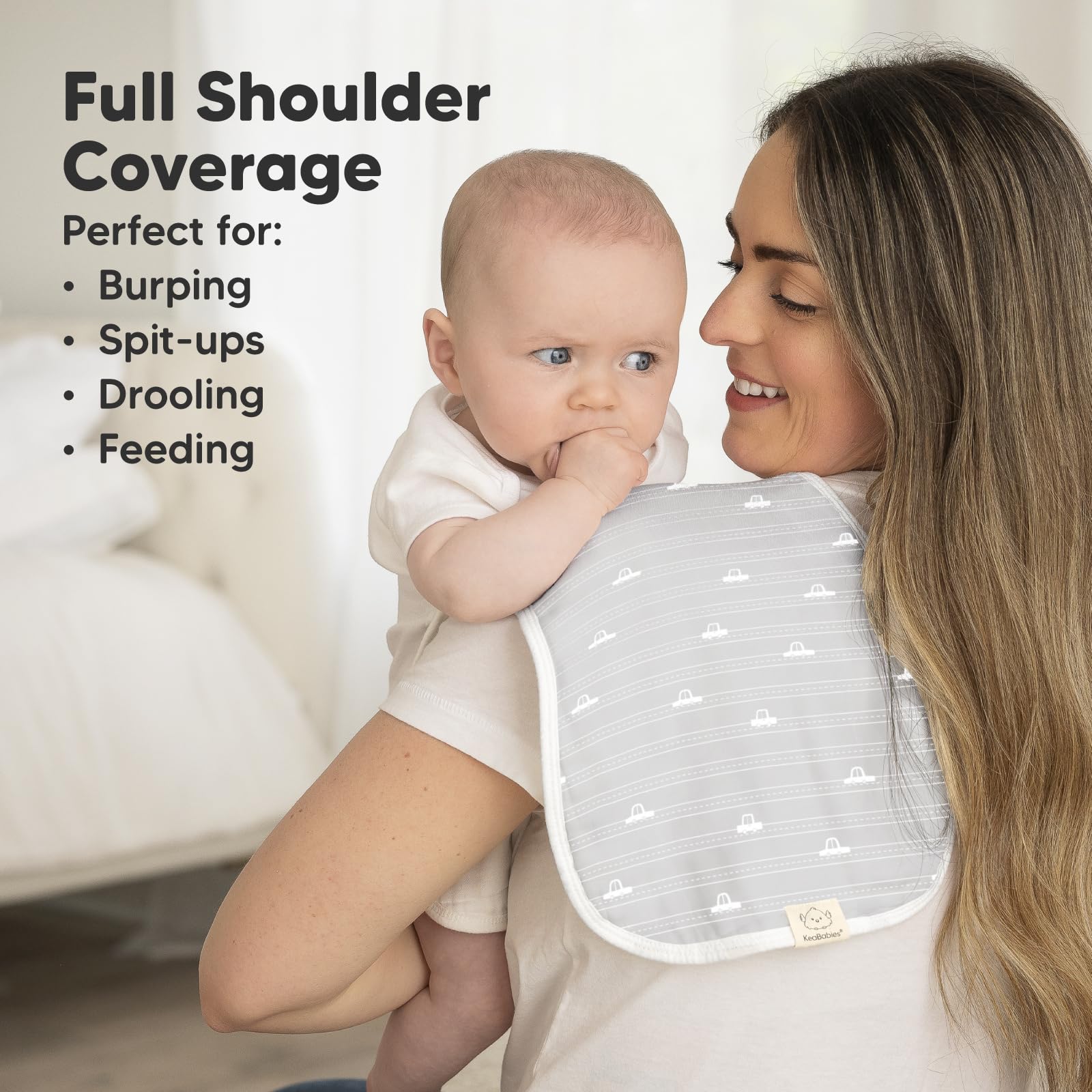 KeaBabies 8-layer bamboo-cotton burp cloth highlights superior absorbency during feeds.