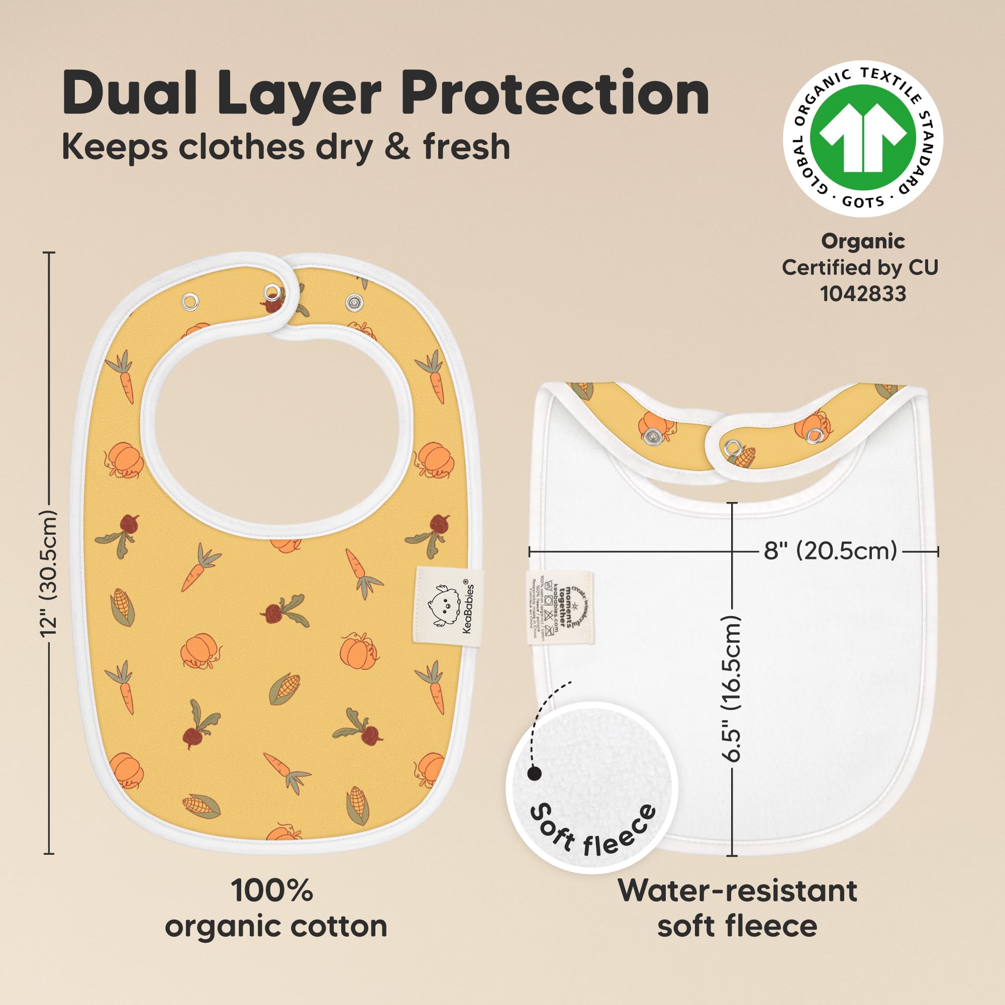 KeaBabies Countryside dual-layer bib demonstrates full coverage and comfort.
