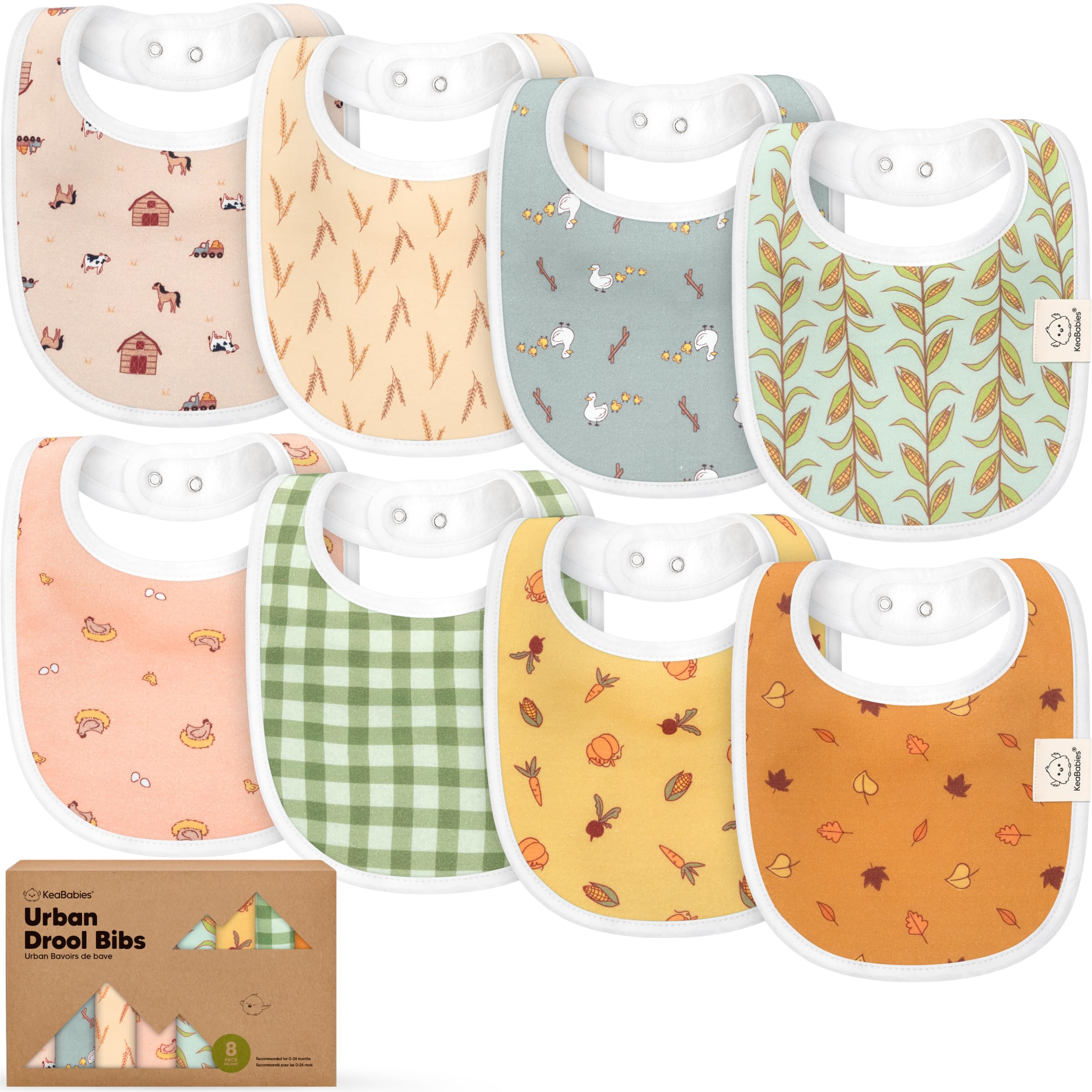 KeaBabies Countryside bibs front view show soft organic cotton and daily mess protection.