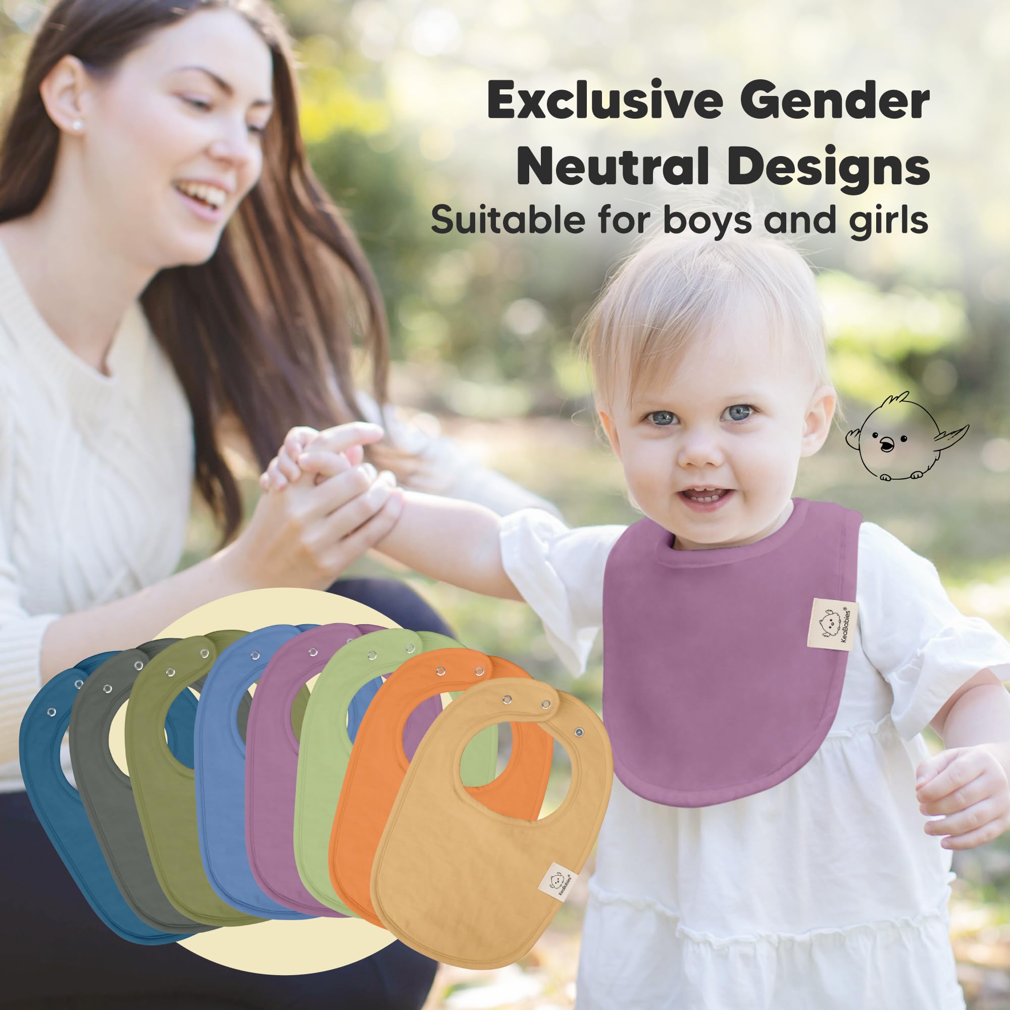 KeaBabies bibs laid on table demonstrate lightweight, soft seams for all-day wear.