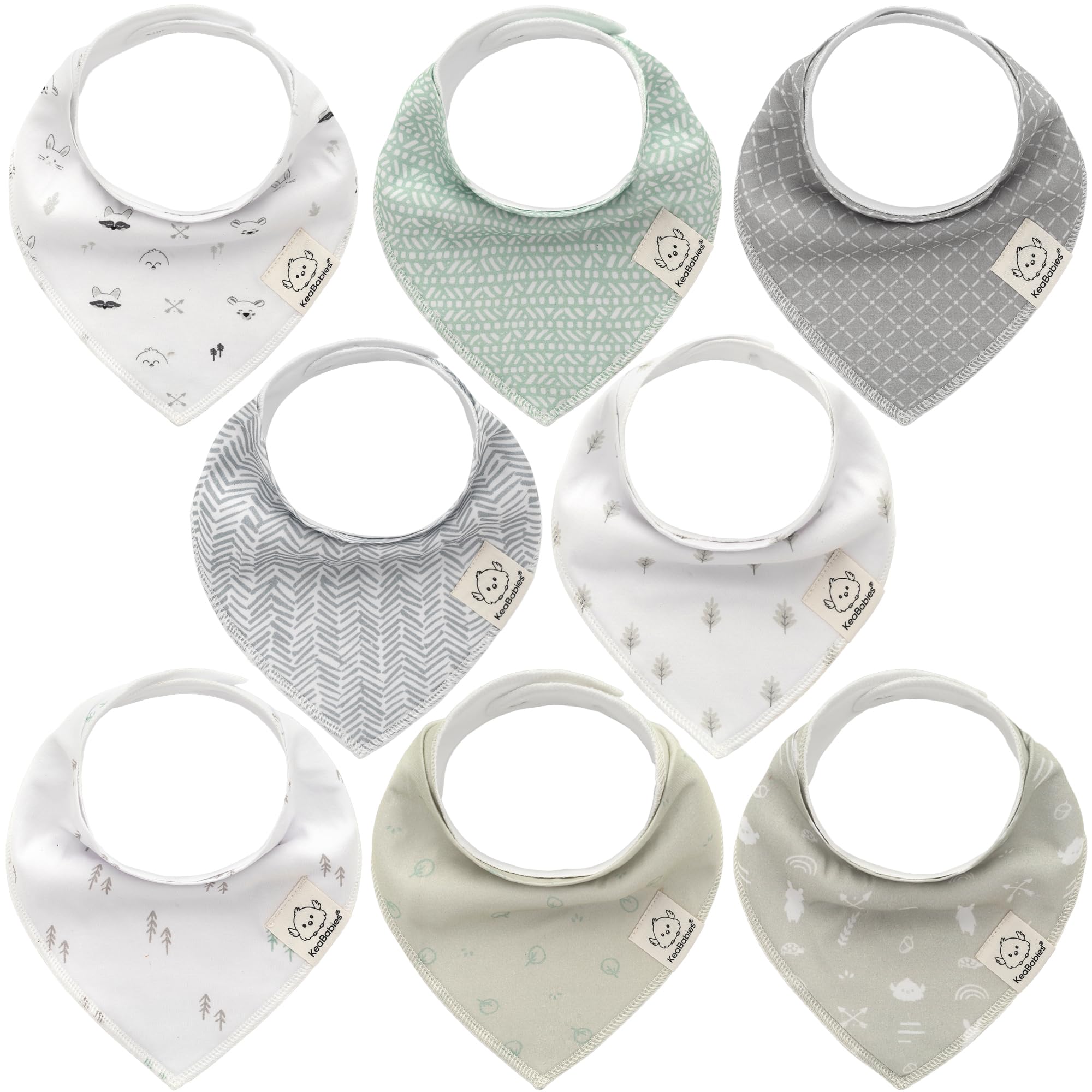 KeaBabies 8-pack bandana bibs front view shows Nordic colors for gentle drool absorption