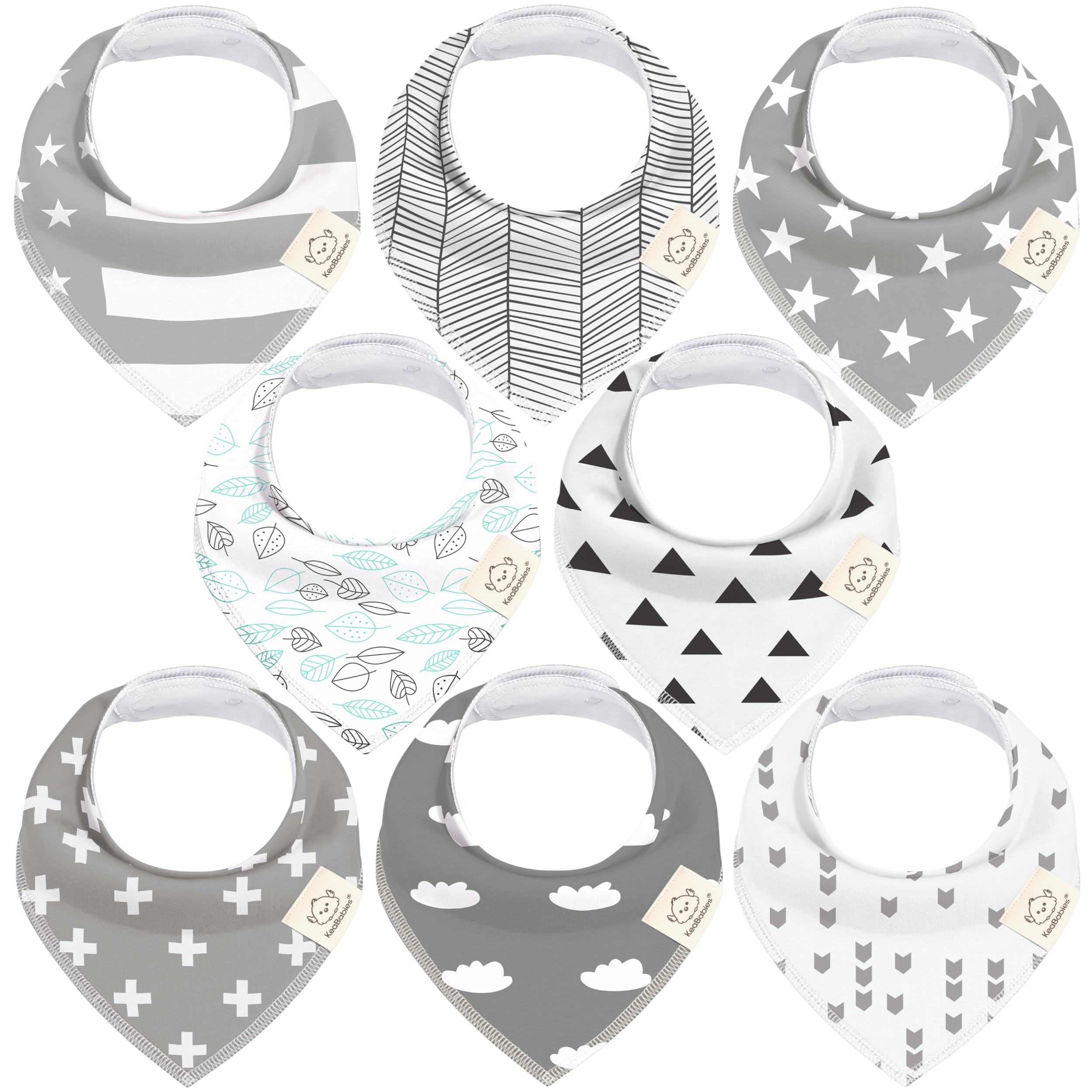 KeaBabies 8-pack bandana bibs in Grayscape folded for travel-friendly style