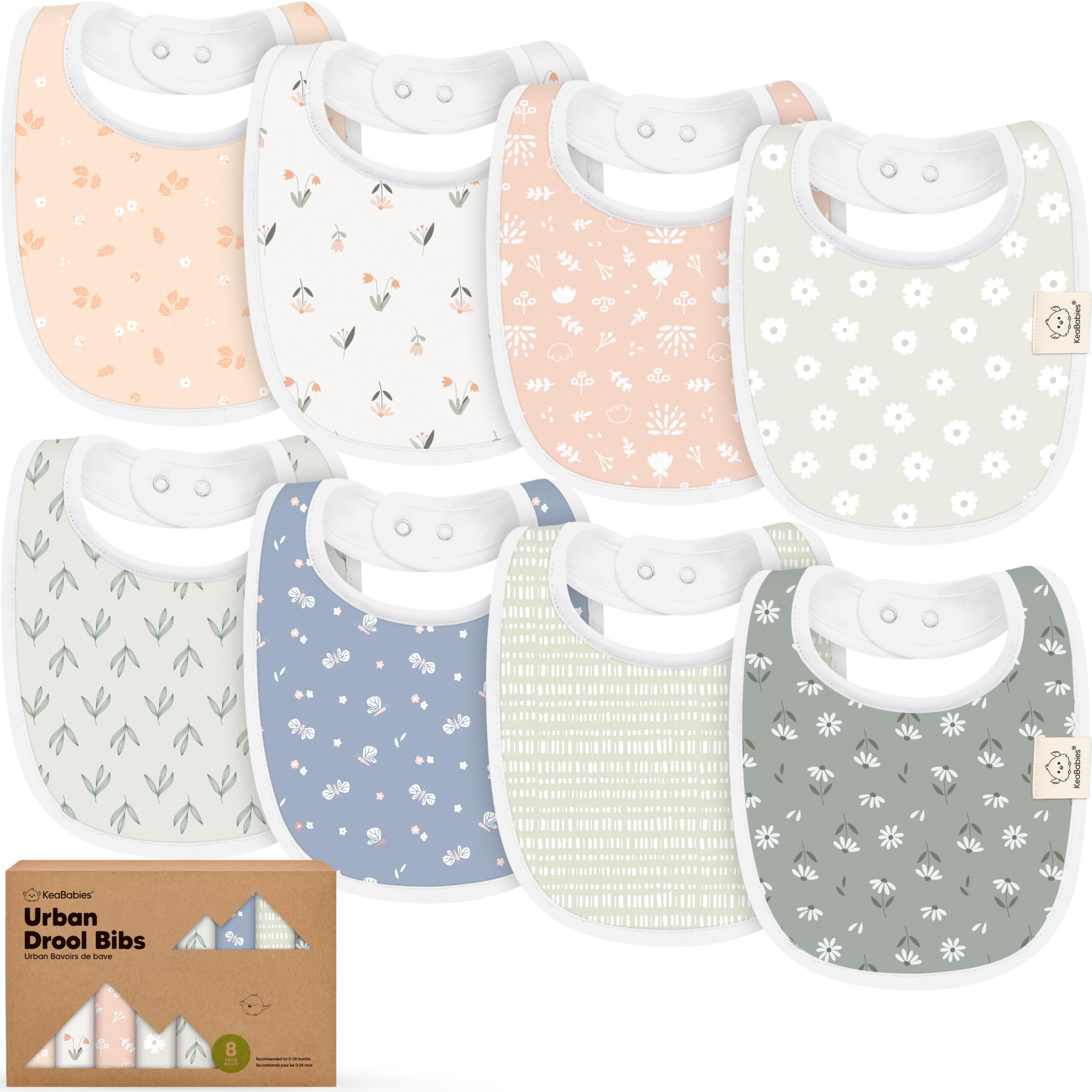 KeaBabies 8-pack bibs flatlay showing soft organic cotton and easy to match unisex designs.