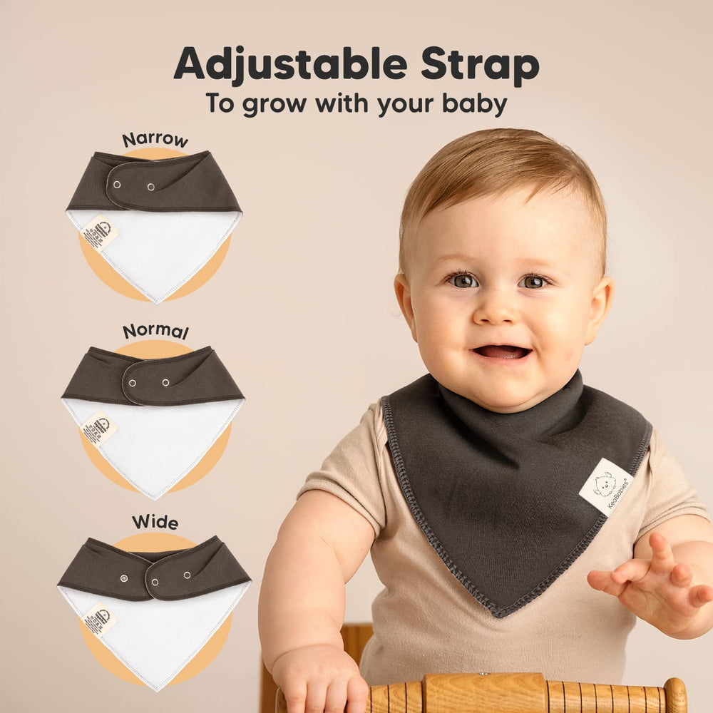 KeaBabies 8-pack bandana bibs neutral shades worn by baby demonstrates versatile outfits