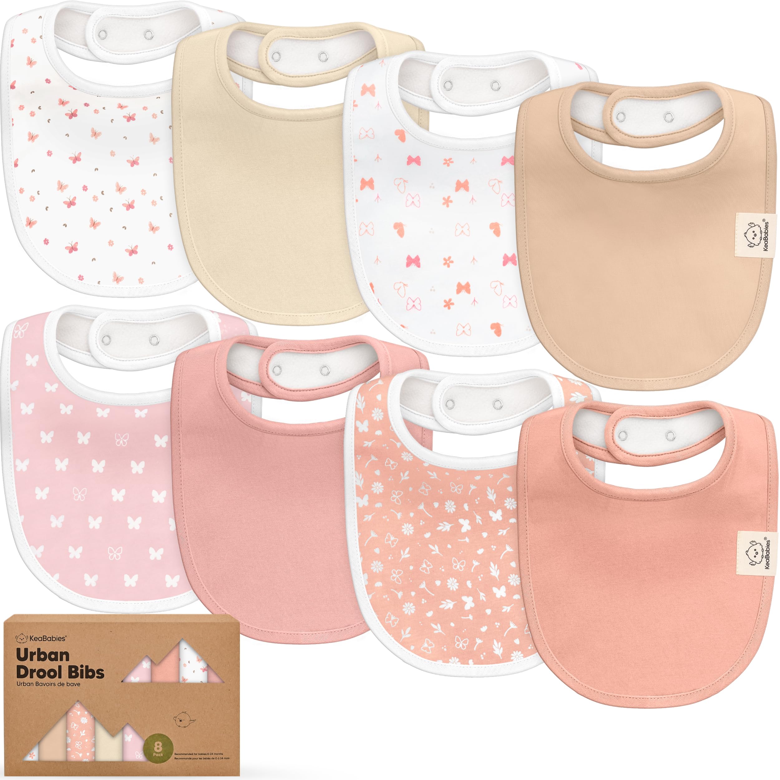 KeaBabies 8-pack organic bibs butterflies front view for stylish drool protection.