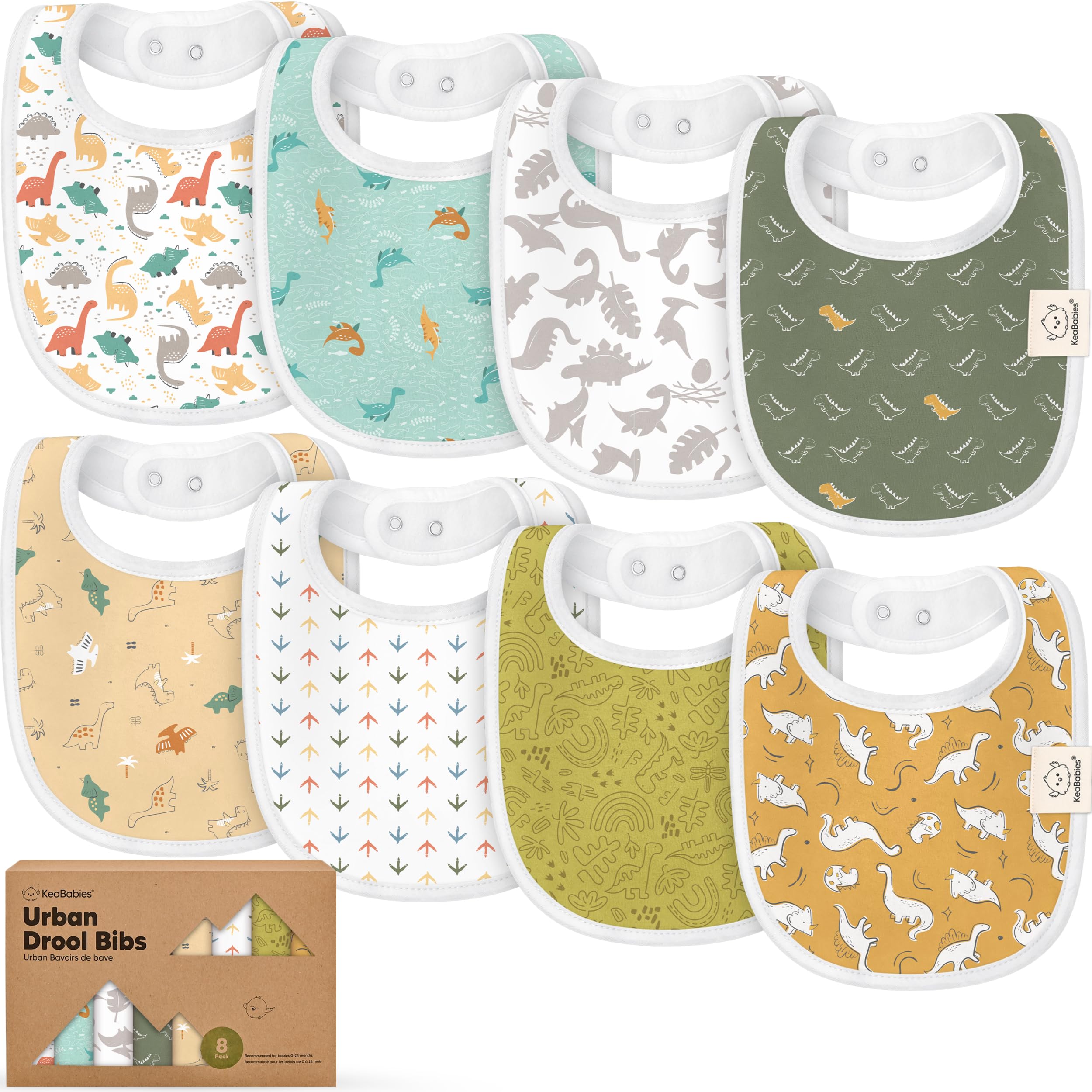 KeaBabies 8-pack organic bibs flatlay showing versatile styles for easy outfit changes.