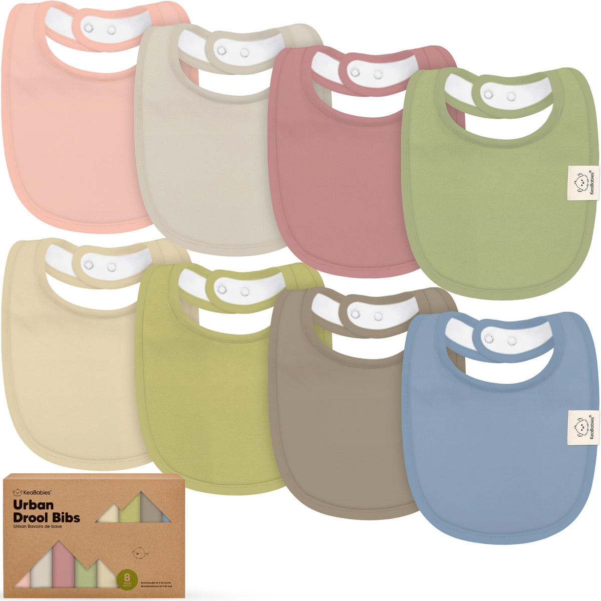 KeaBabies 8-pack organic bibs flat lay showing unisex design for mess-free drool and meals.