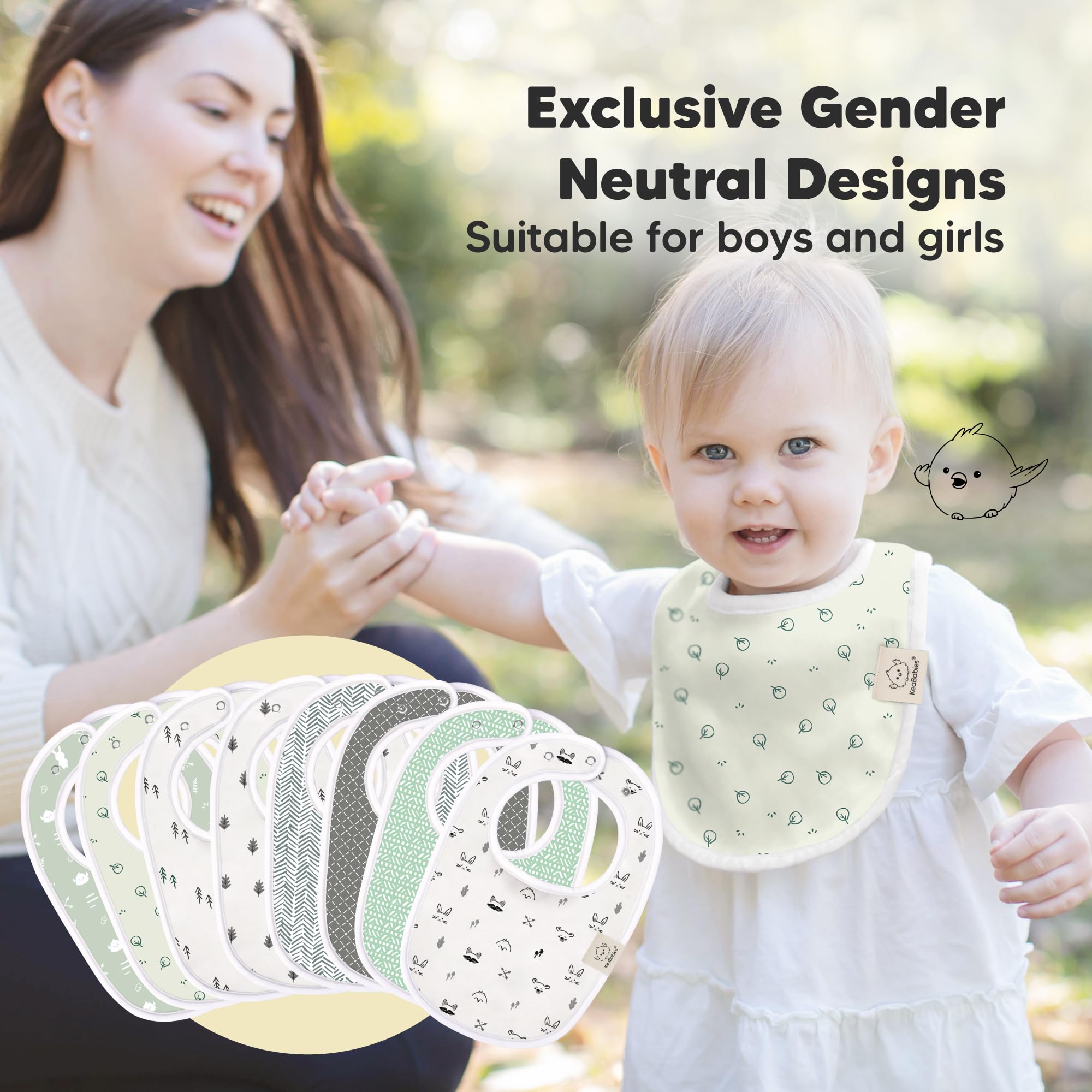 KeaBabies bib spread on table demonstrates full torso coverage for mess control