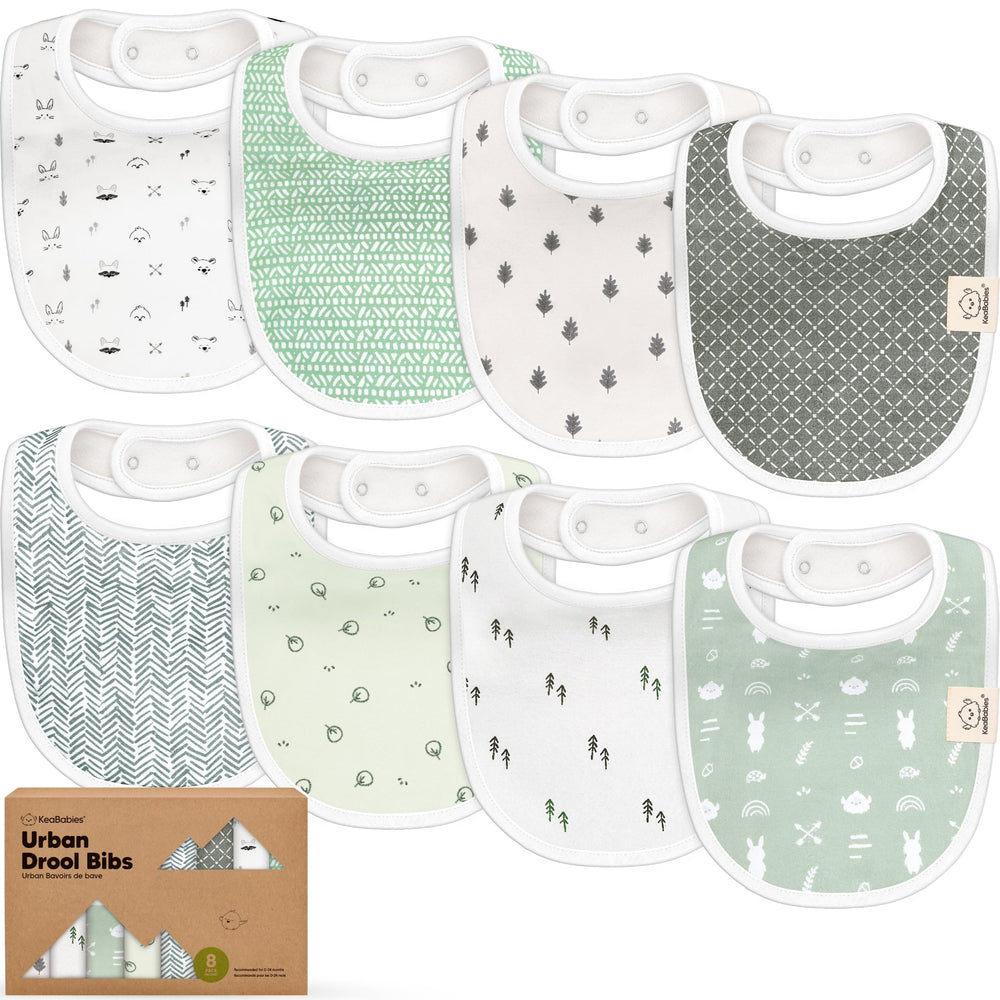 KeaBabies 8-pack bibs on baby chest showcase unisex Nordic style for daily outfits