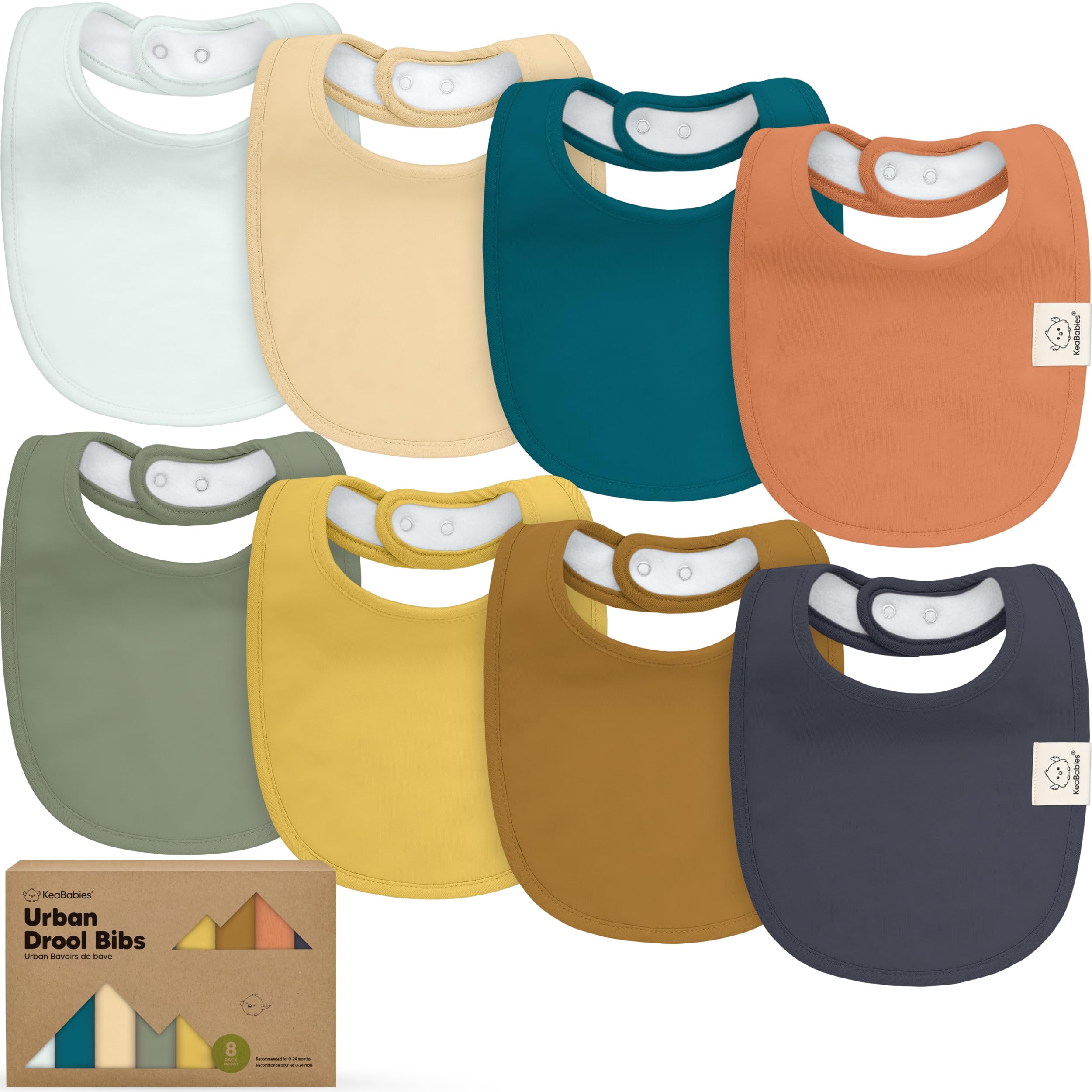 KeaBabies 8-pack organic bibs packaging display for gifting and storage convenience.