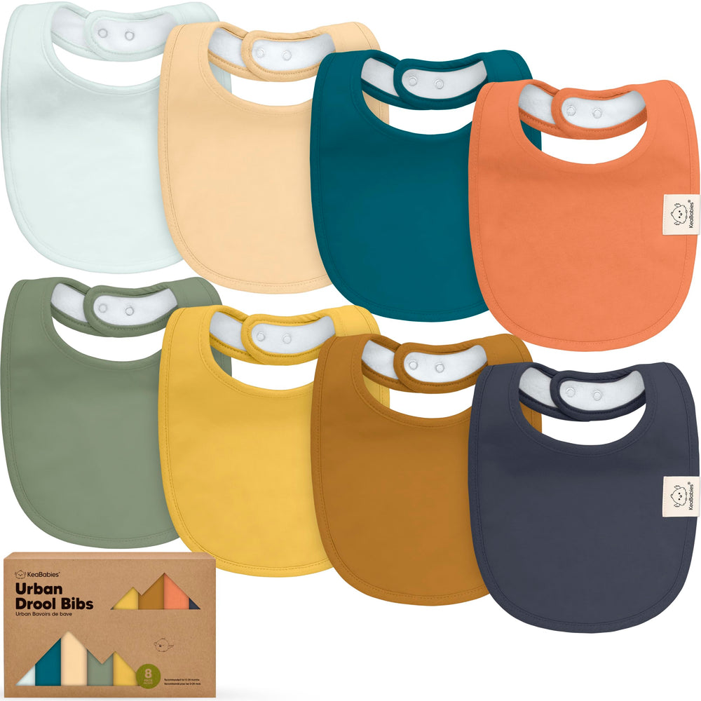 KeaBabies 8-pack organic bibs packaging display for gifting and storage convenience.
