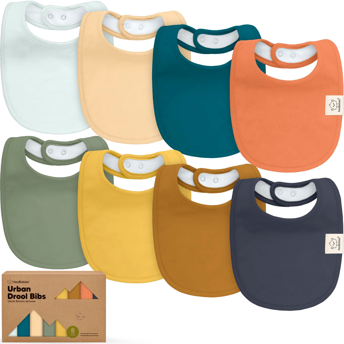 KeaBabies 8-pack organic bibs packaging display for gifting and storage convenience.