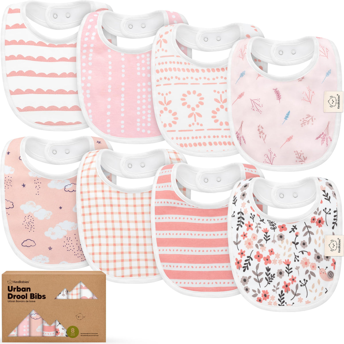 KeaBabies 8-pack organic bibs set shown with multiple patterns for drool and feeding use