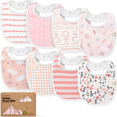 KeaBabies 8-pack organic bibs set shown with multiple patterns for drool and feeding use