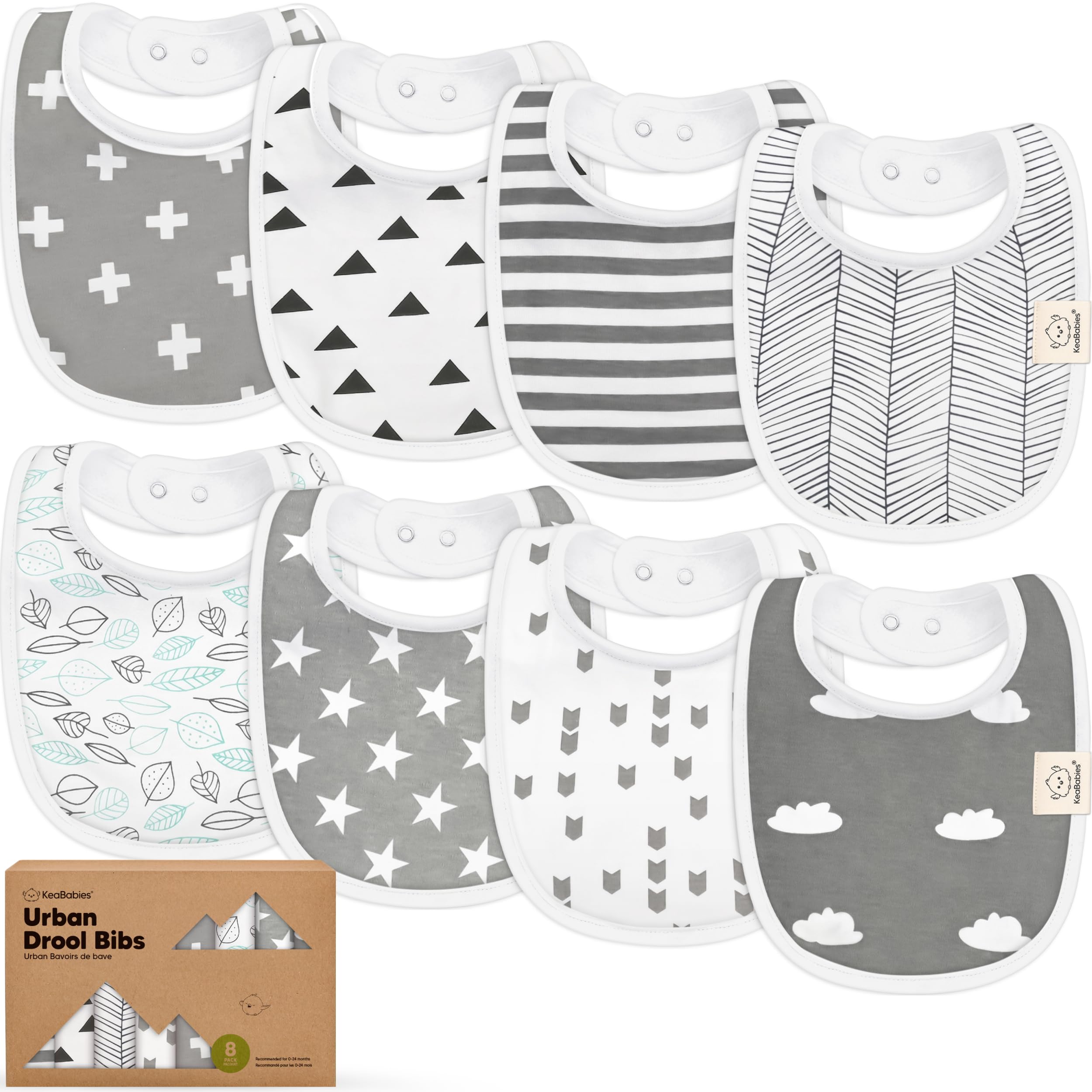 KeaBabies 8-pack bibs flatlay in Grayscape tones for unisex everyday wear.