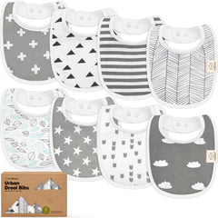 KeaBabies 8-pack bibs flatlay in Grayscape tones for unisex everyday wear.