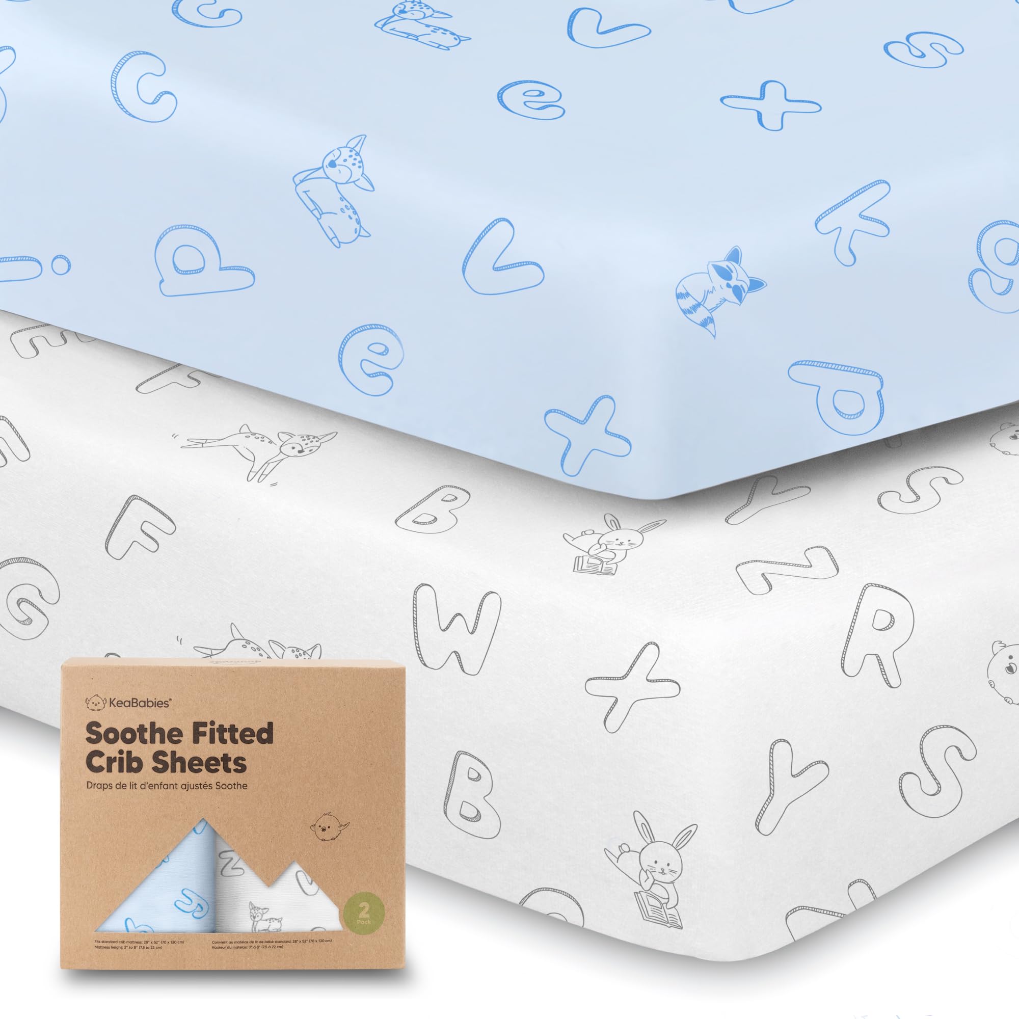KeaBabies ABC Land Sky 2-pack crib sheets folded, showing soft organic cotton for delicate baby skin