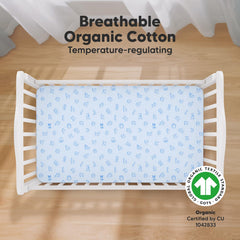 KeaBabies ABC Land Sky crib sheet on mattress demonstrating the 52x28 fit for safe nights