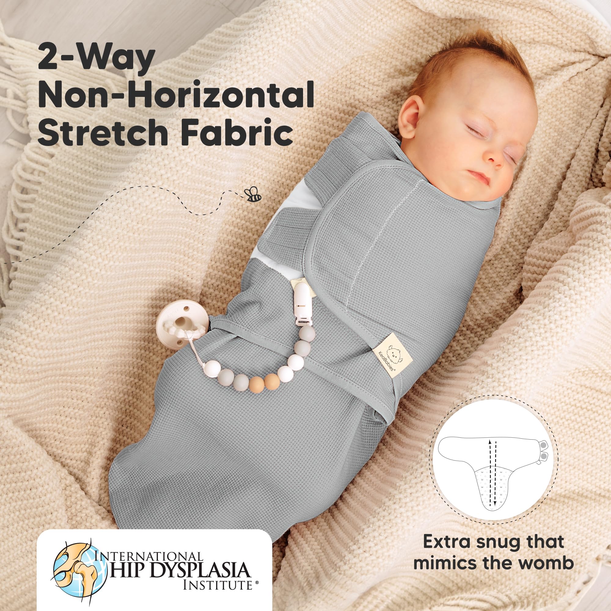 KeaBabies active-sleeper secure-fit swaddle in Granite helps calm movers.