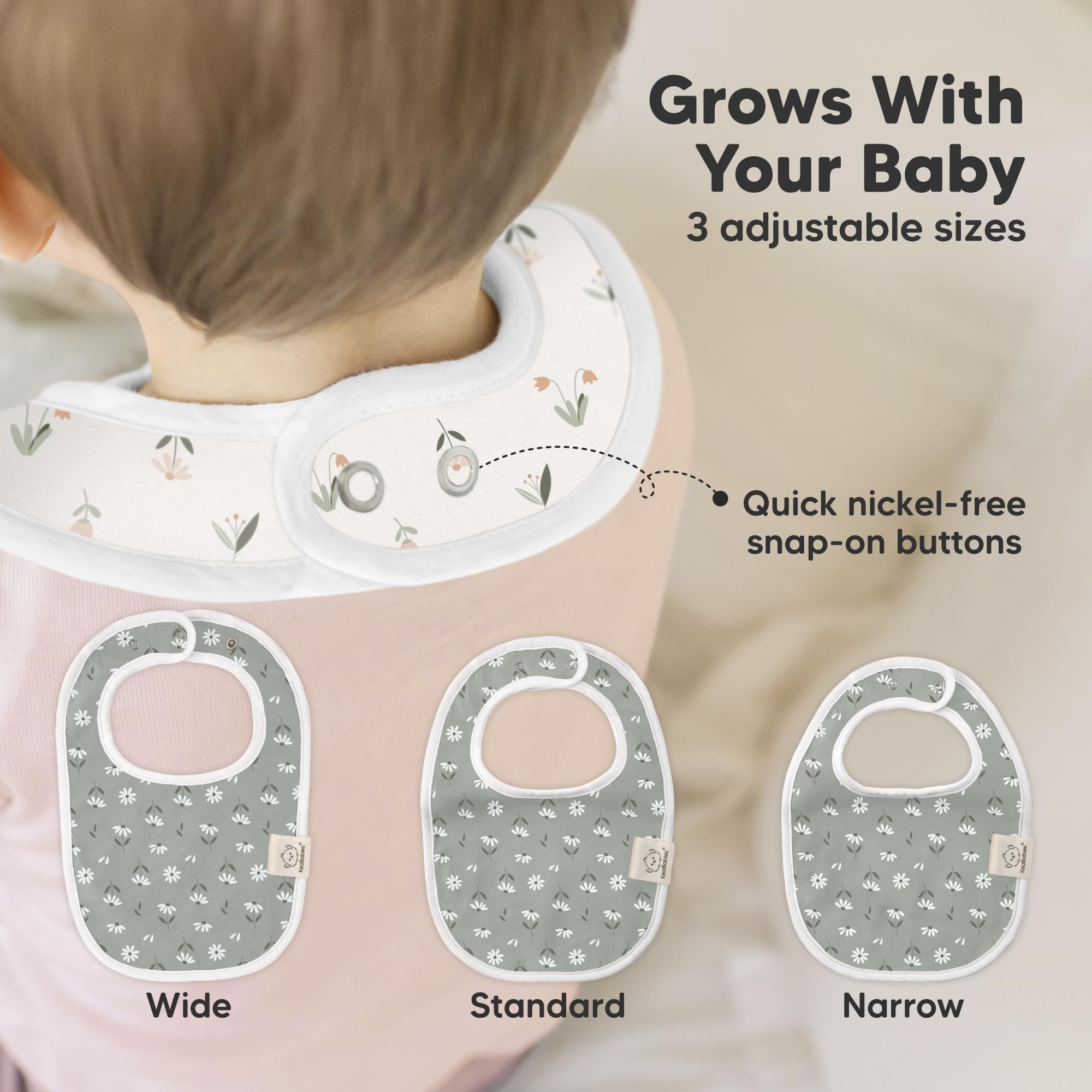 KeaBabies adjustable snaps bib shows two nickel free settings for growing infants.