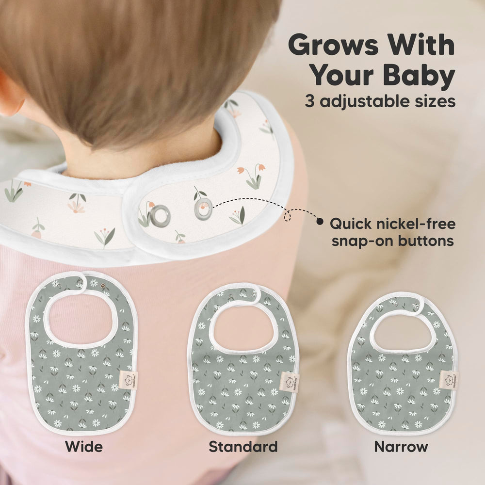 KeaBabies adjustable snaps bib shows two nickel free settings for growing infants.