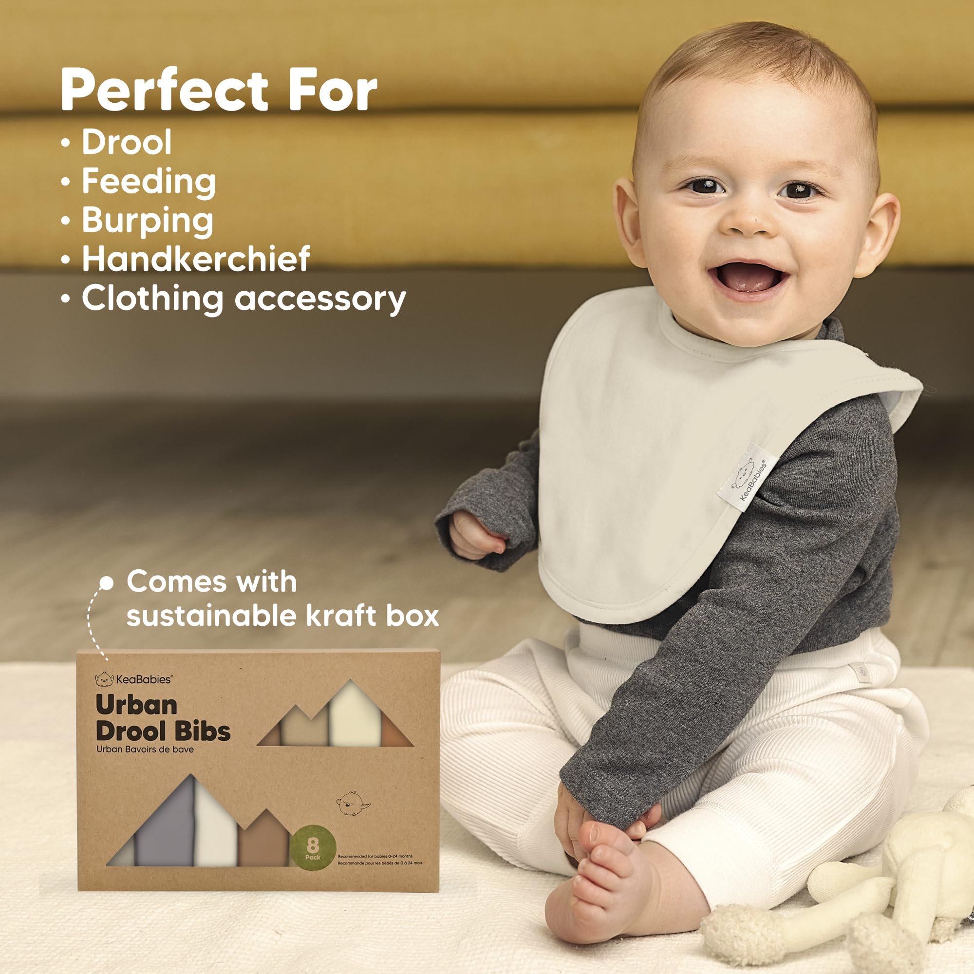 KeaBabies bibs on-the-go usage for burp, spills, and mess management.