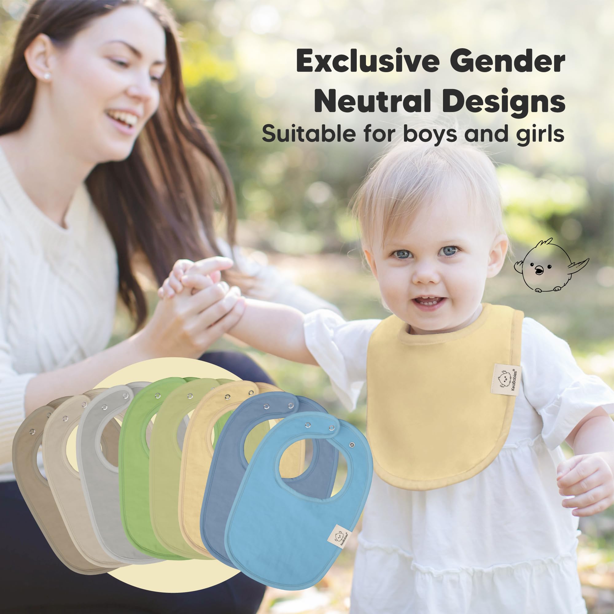 KeaBabies bibs on toddler demonstrates unisex styling for both boys and girls.