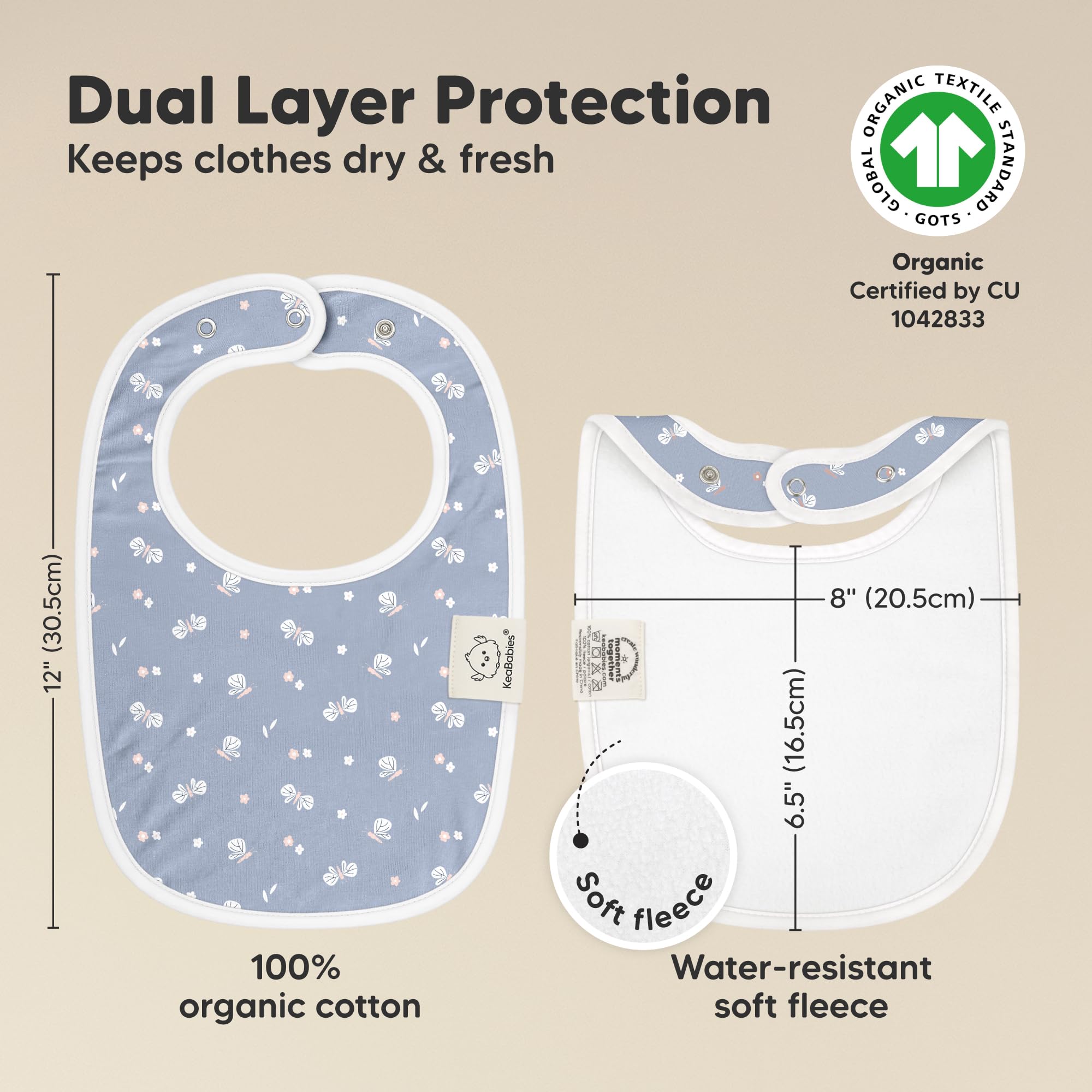 KeaBabies baby bib worn on chest demonstrates full coverage and comfortable fit.