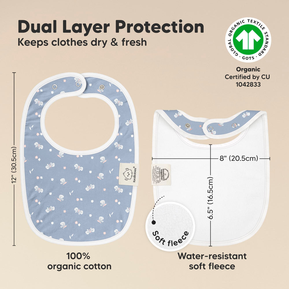 KeaBabies baby bib worn on chest demonstrates full coverage and comfortable fit.