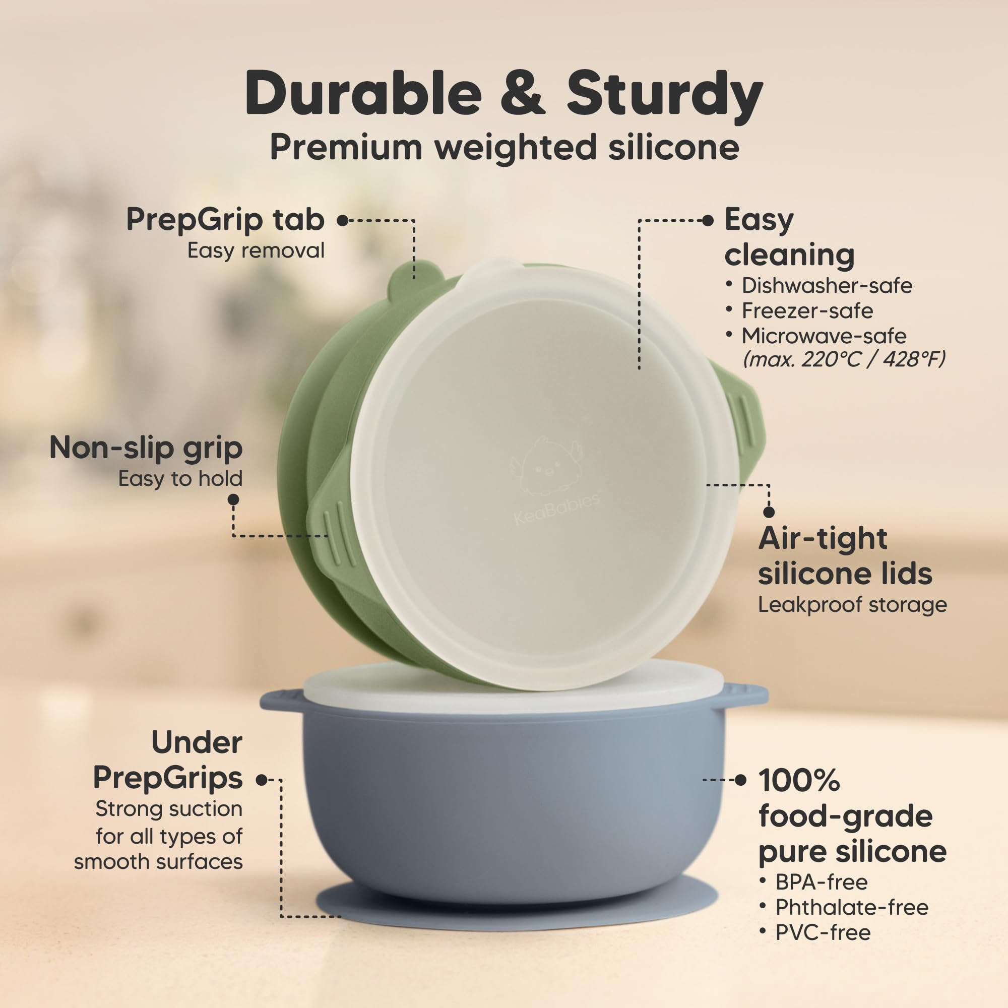 KeaBabies bowls suction-base-hold shows secure grip on smooth surfaces for mess-free feeding.