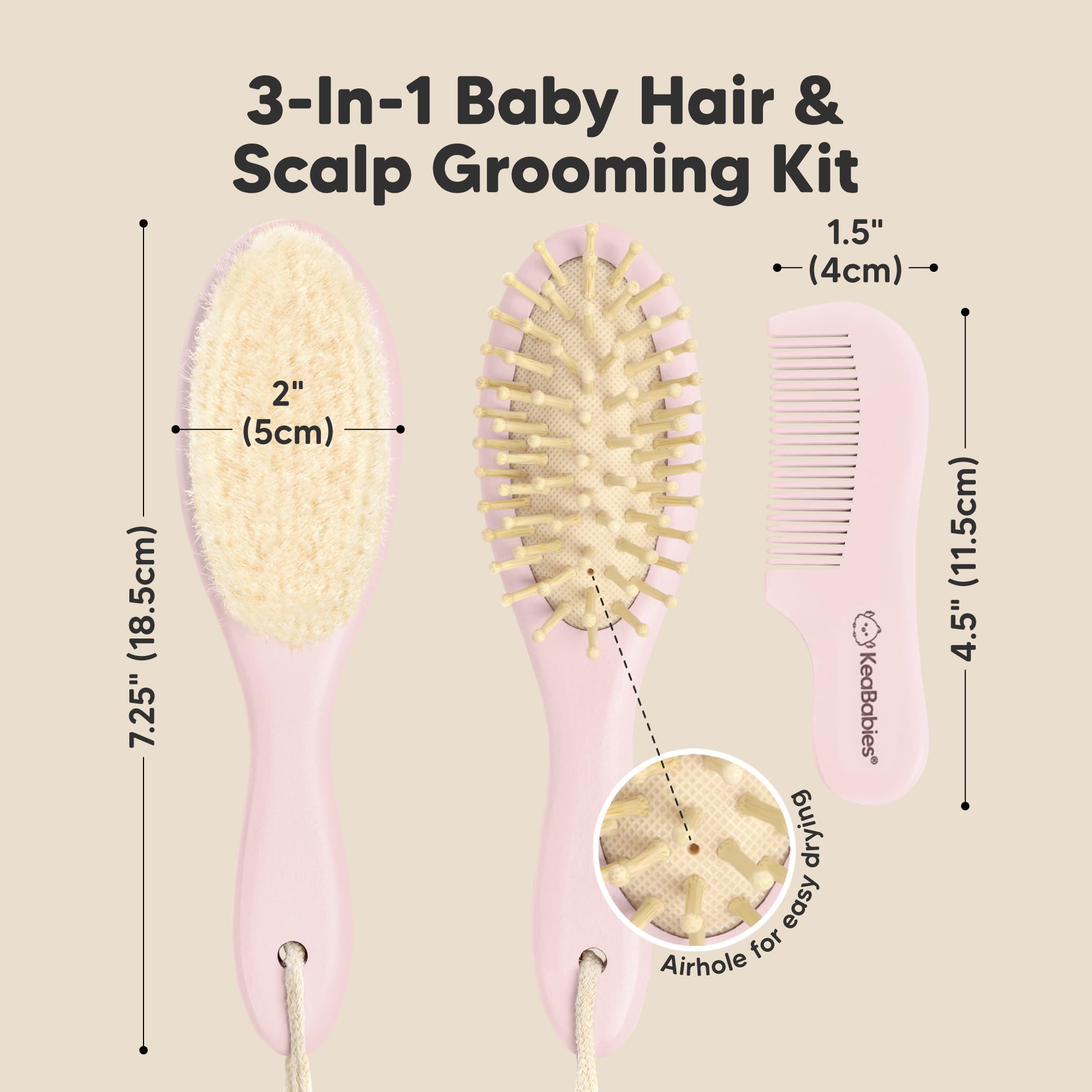 KeaBabies baby comb oval blush for detangling wet or dry hair.