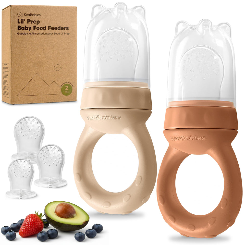 KeaBabies baby fruit feeder 2pk packaging terracotta illustrates a modern on-the-go feeding kit.