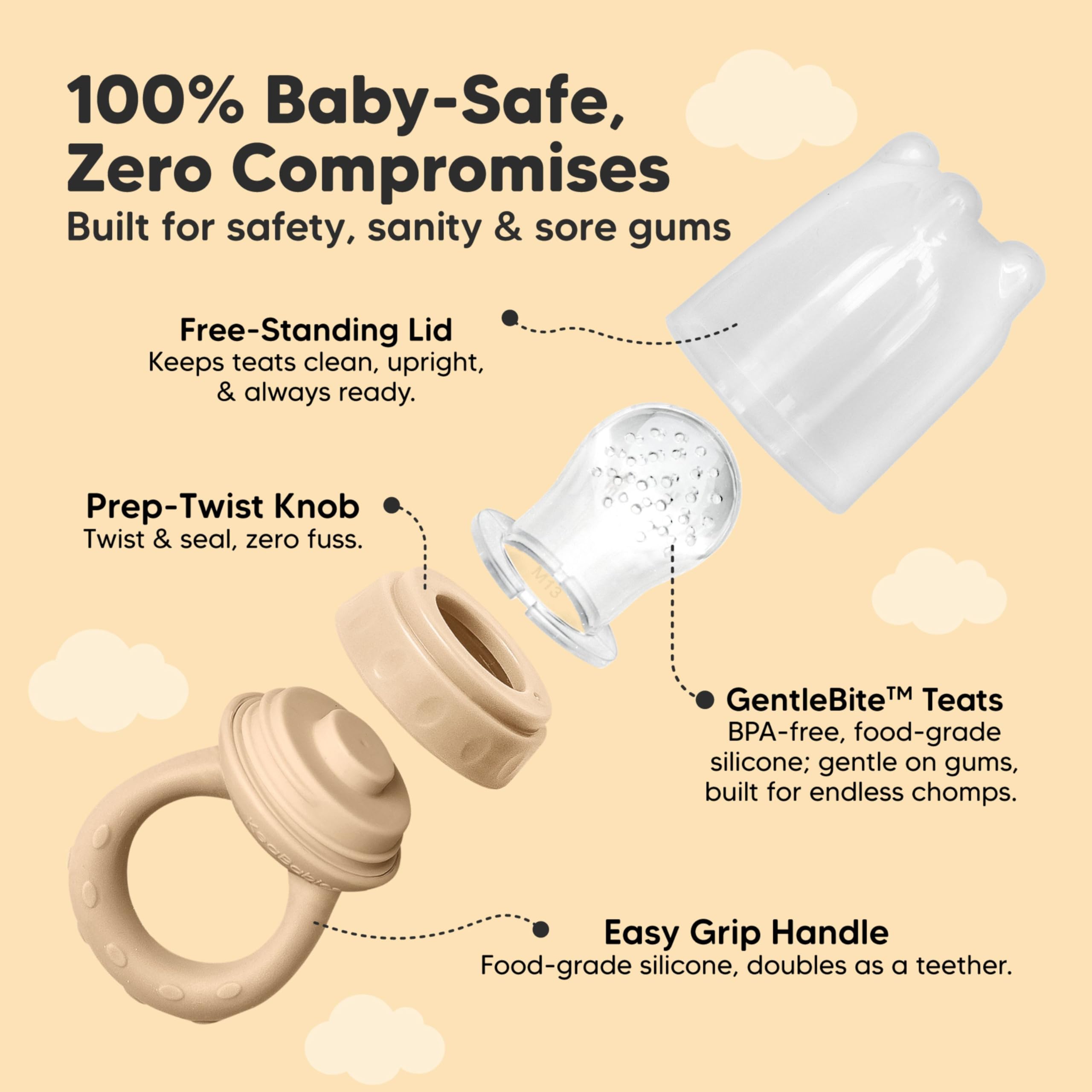 KeaBabies baby fruit feeder 2pk shows three-stage sizes for growing babies.