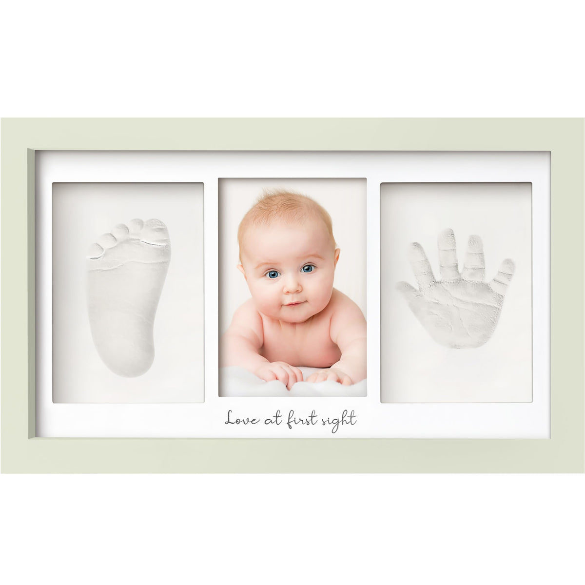 KeaBabies handprint frame closeup with glass cover and wood frame.