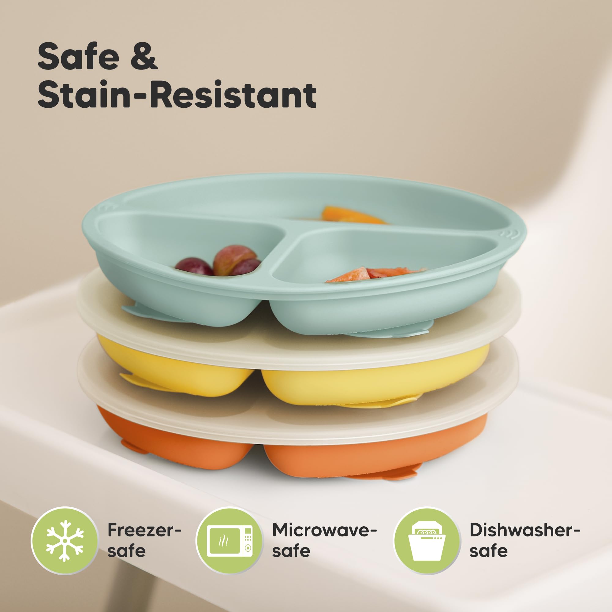 KeaBabies baby-led weaning plate on table with colorful sections encouraging exploration