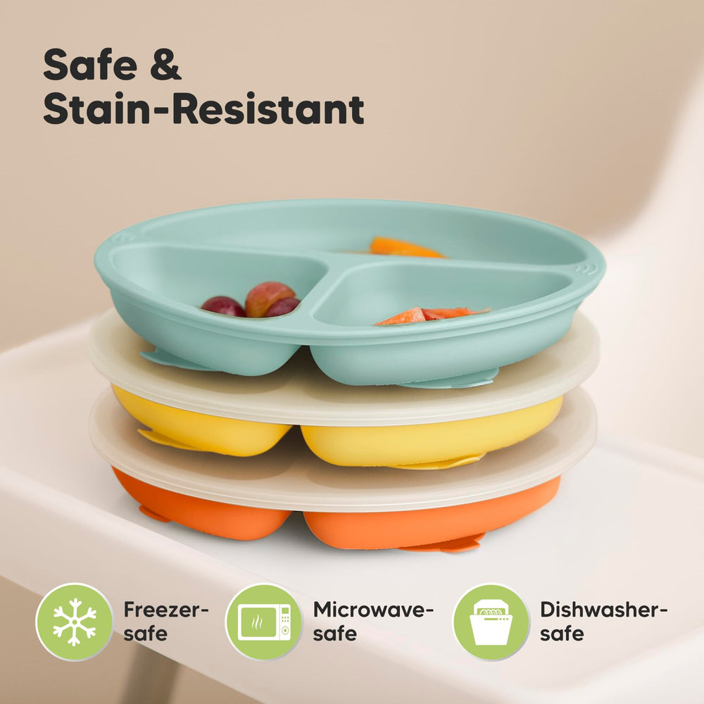 KeaBabies baby-led weaning plate on table with colorful sections encouraging exploration