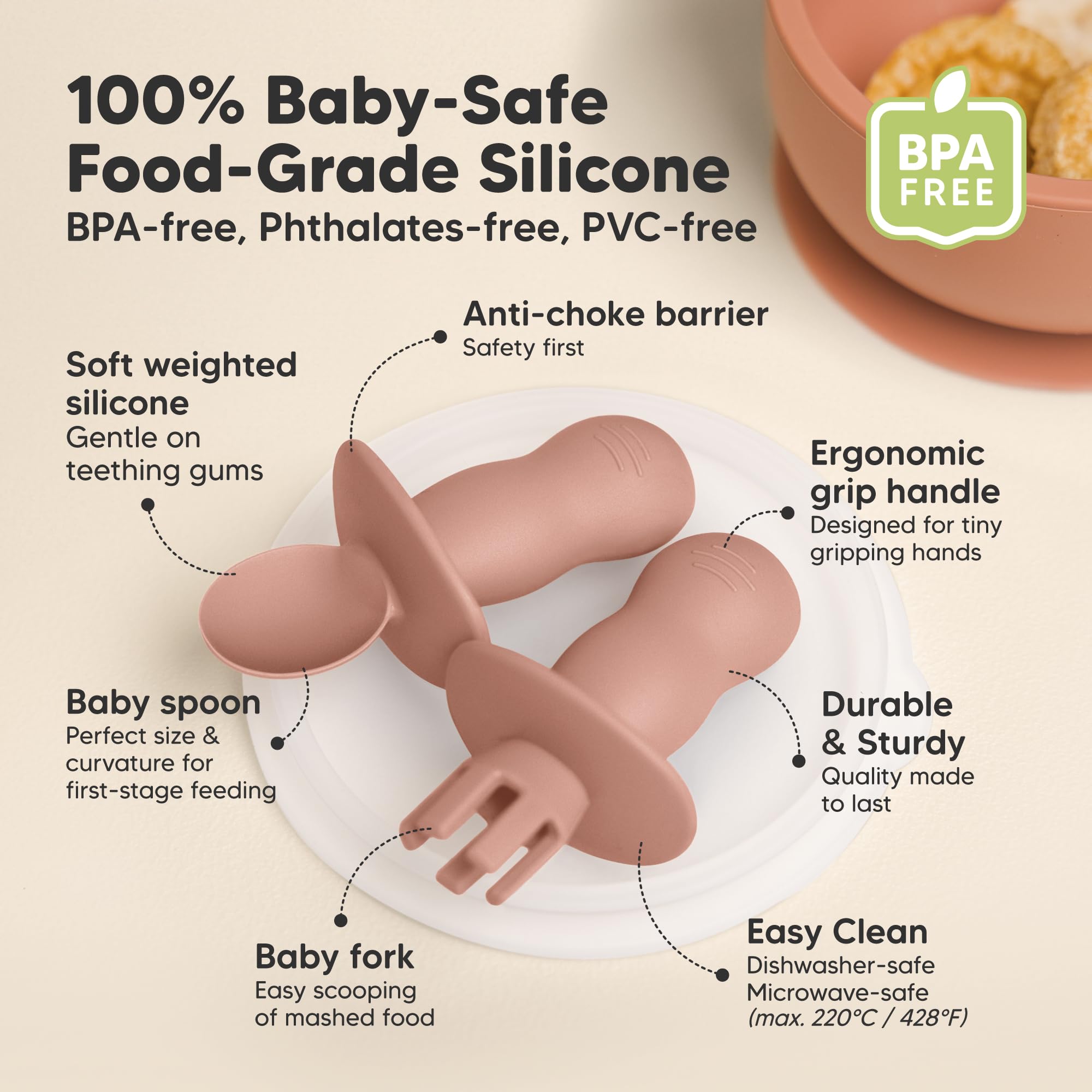KeaBabies baby-led weaning spoons in roseate support textured food exploration.