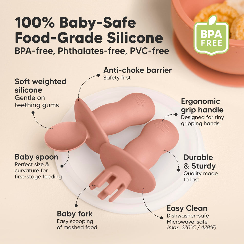 KeaBabies baby-led weaning spoons in roseate support textured food exploration.
