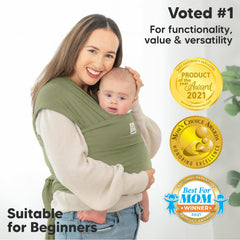 KeaBabies Baby Wrap Carrier demonstrates hip-friendly ergonomic design for healthy positioning.