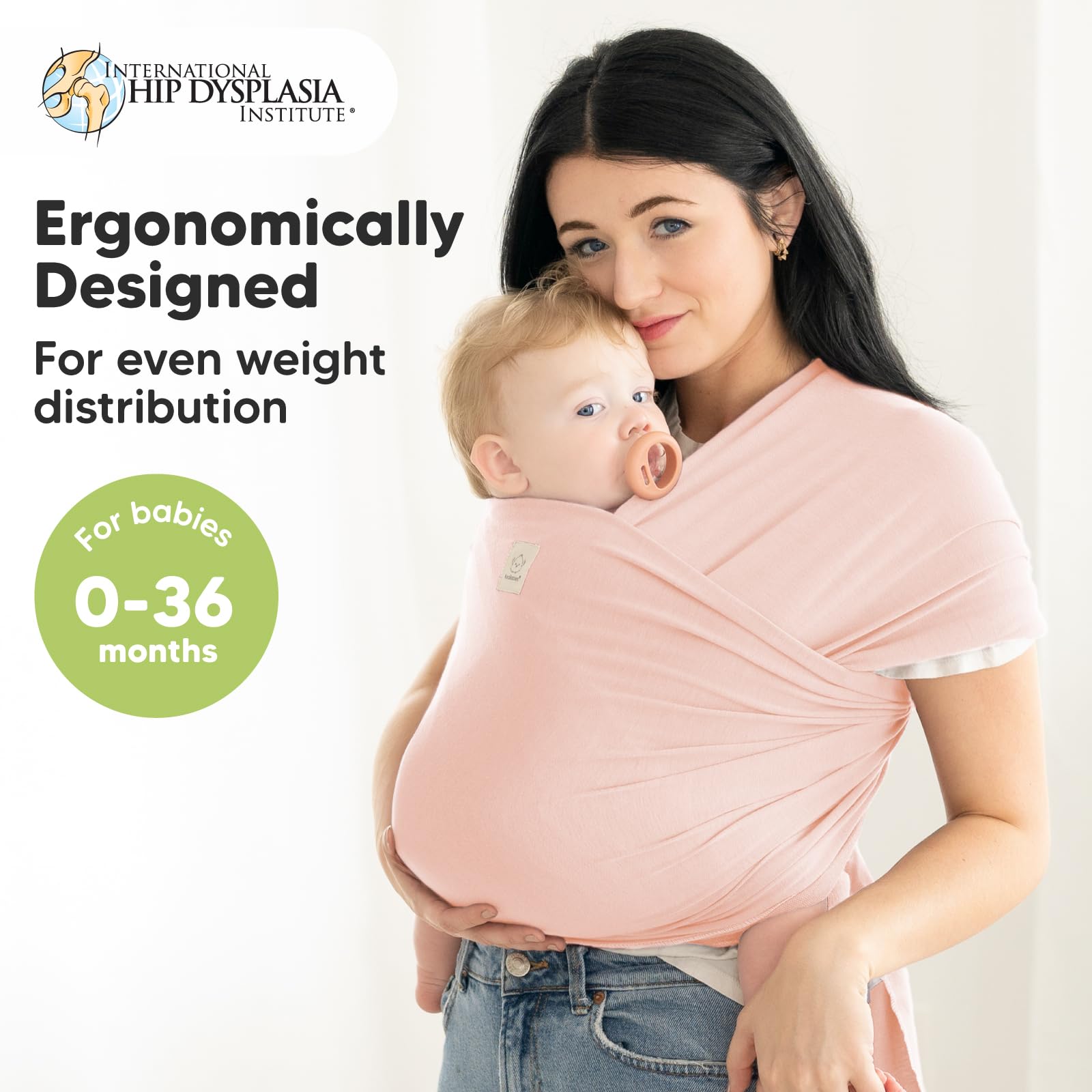 KeaBabies baby wrap carrier demonstrates ergonomic back support.