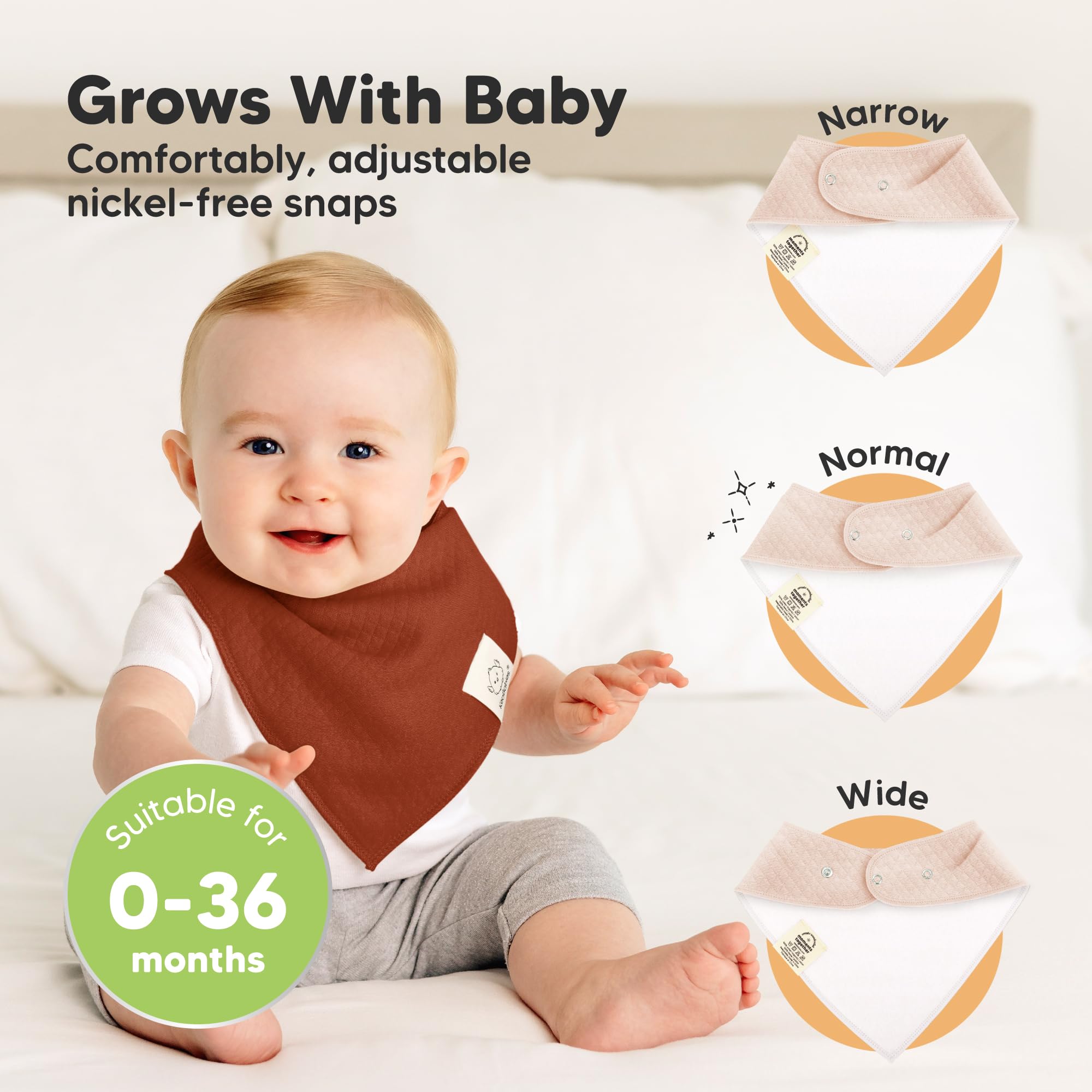 KeaBabies bandana bib adjustable snaps illustrate 3-size fit for growing babies